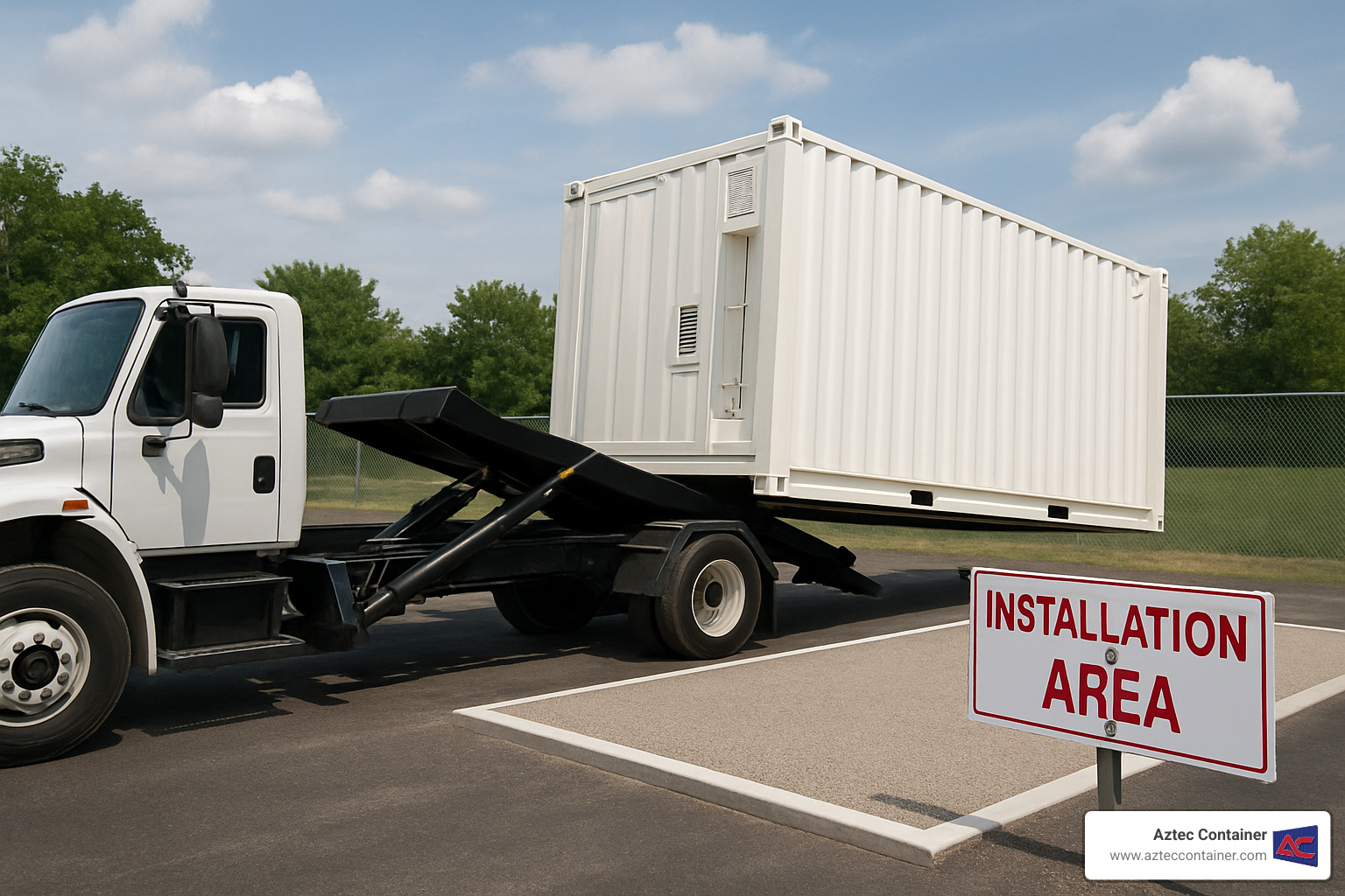 Delivery truck positioning freezer container on prepared site - 20 ft freezer containers for sale