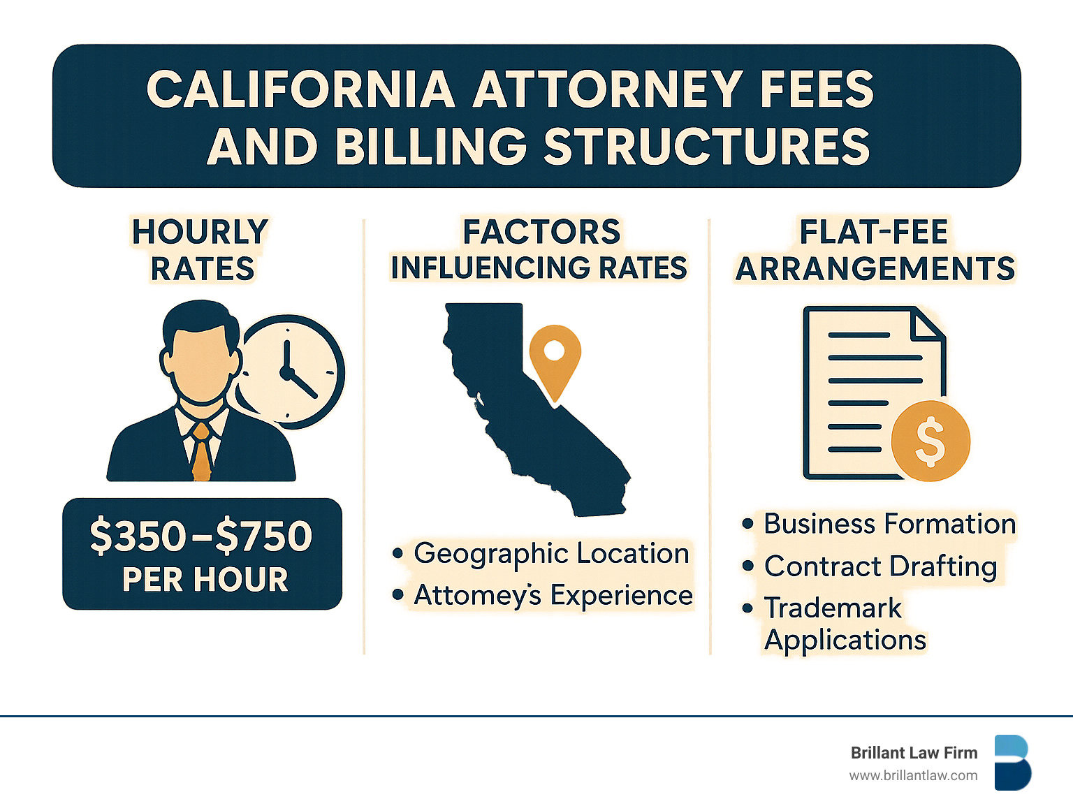 California attorney fees and billing structures - business attorney near me infographic 