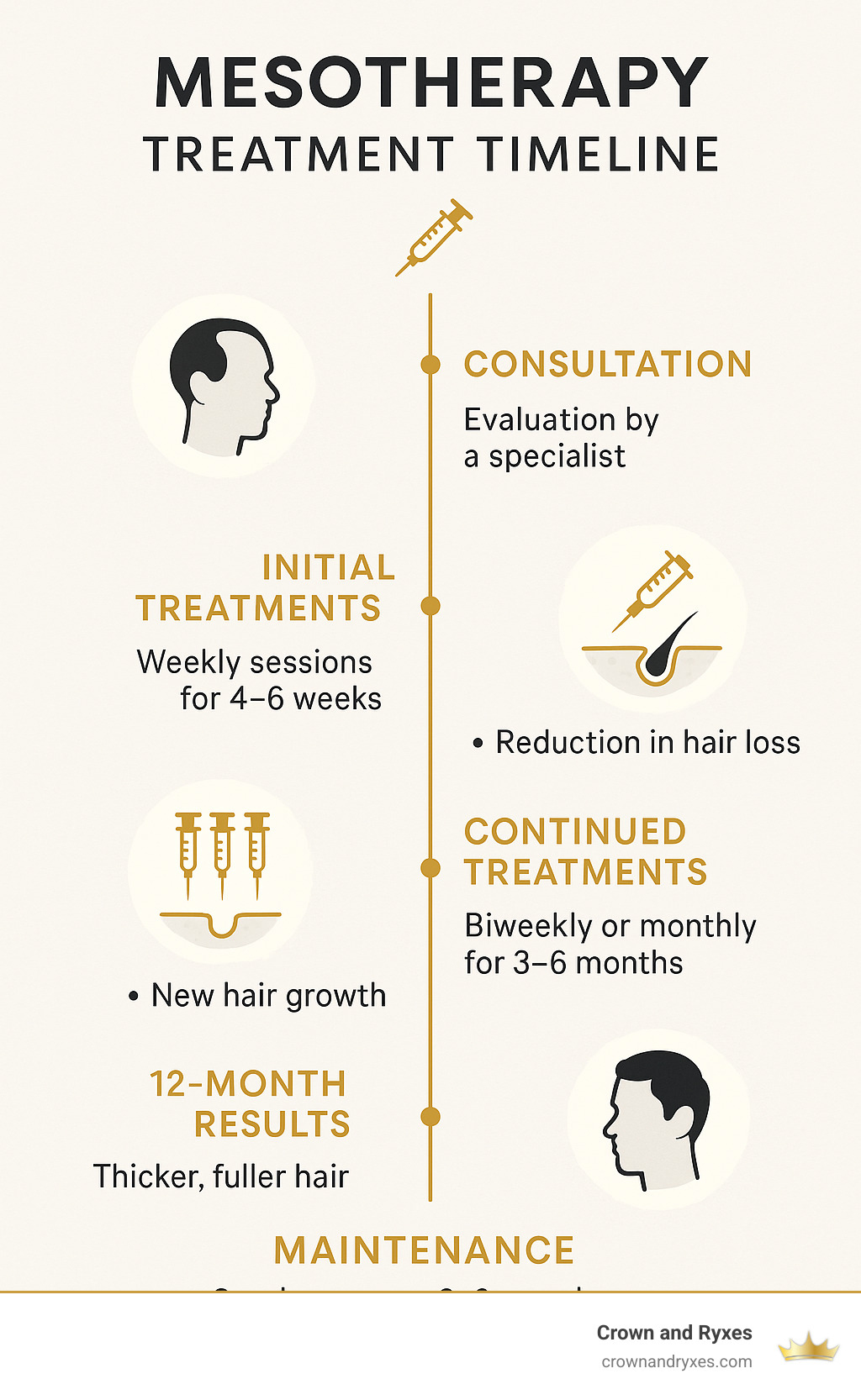 Detailed infographic showing mesotherapy treatment timeline from consultation through 12-month results, including session frequency, expected improvements at each stage, and maintenance requirements - Mesotherapy hair treatment reviews infographic