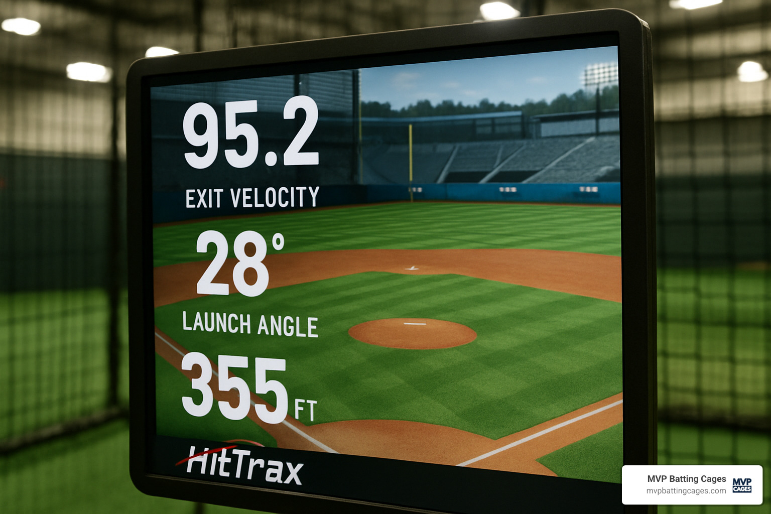 HitTrax display screen showing exit velocity, launch angle, and projected distance metrics - batting cages Chandler AZ