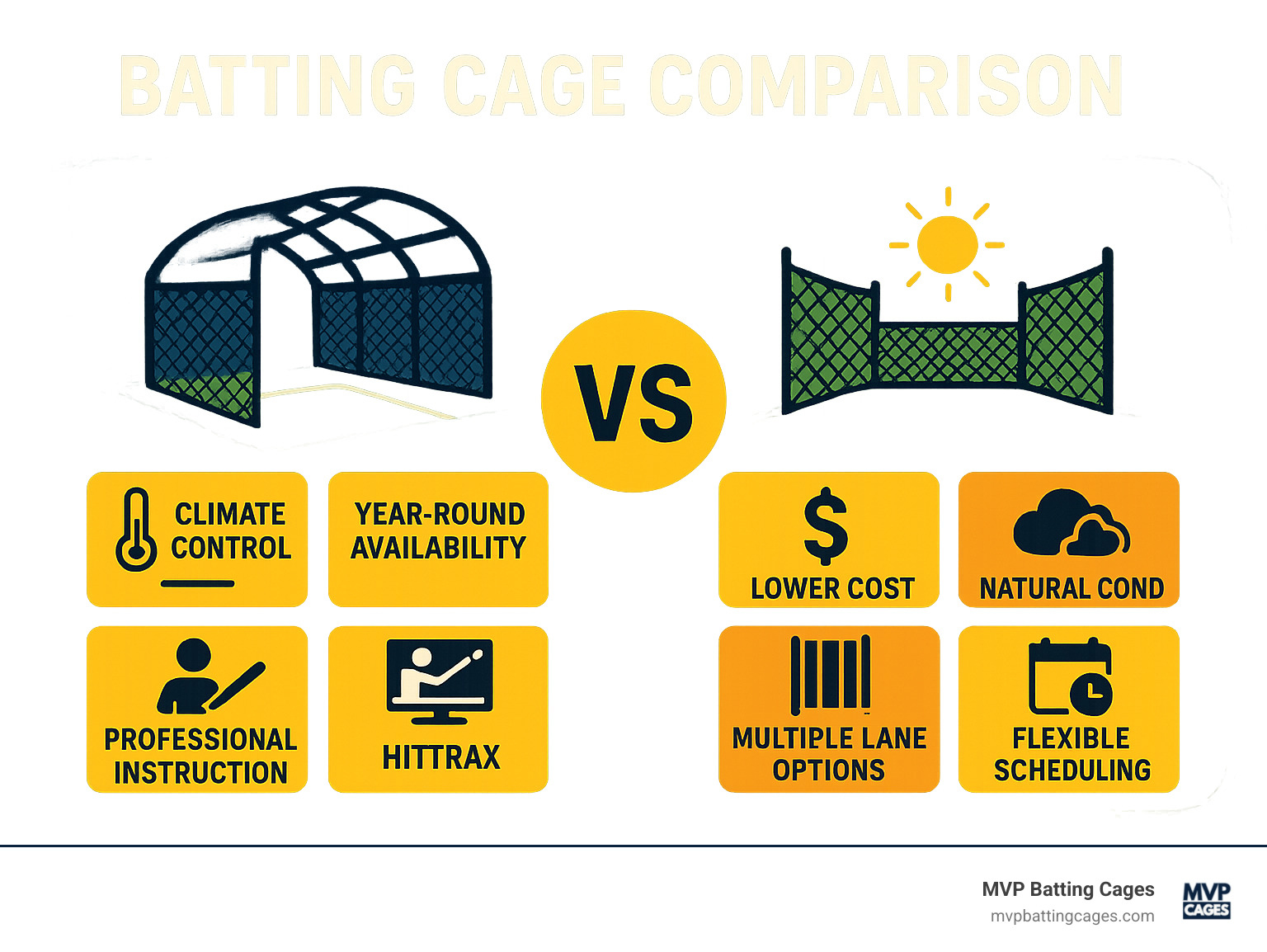 Infographic showing batting cage comparison with indoor facilities featuring climate control, year-round availability, professional instruction, and HitTrax technology versus outdoor facilities offering natural conditions, lower costs, multiple lane options, and flexible scheduling - batting cages Chandler AZ infographic 