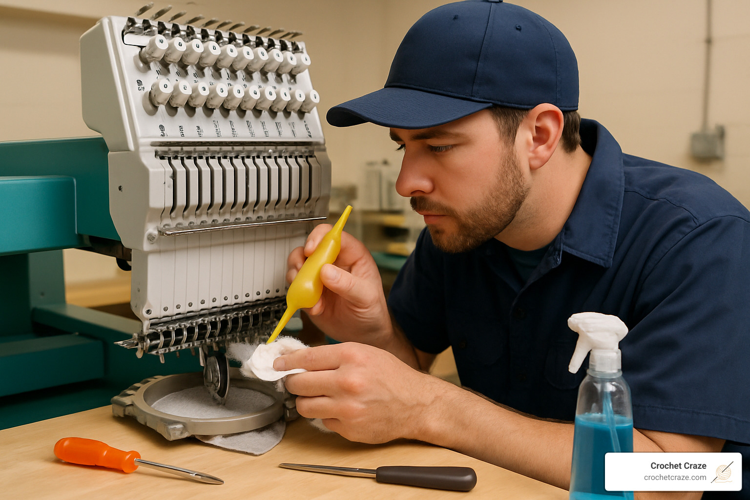 Technician performing routine maintenance on embroidery machine head, showing proper oiling points and cleaning procedures - hat making machine