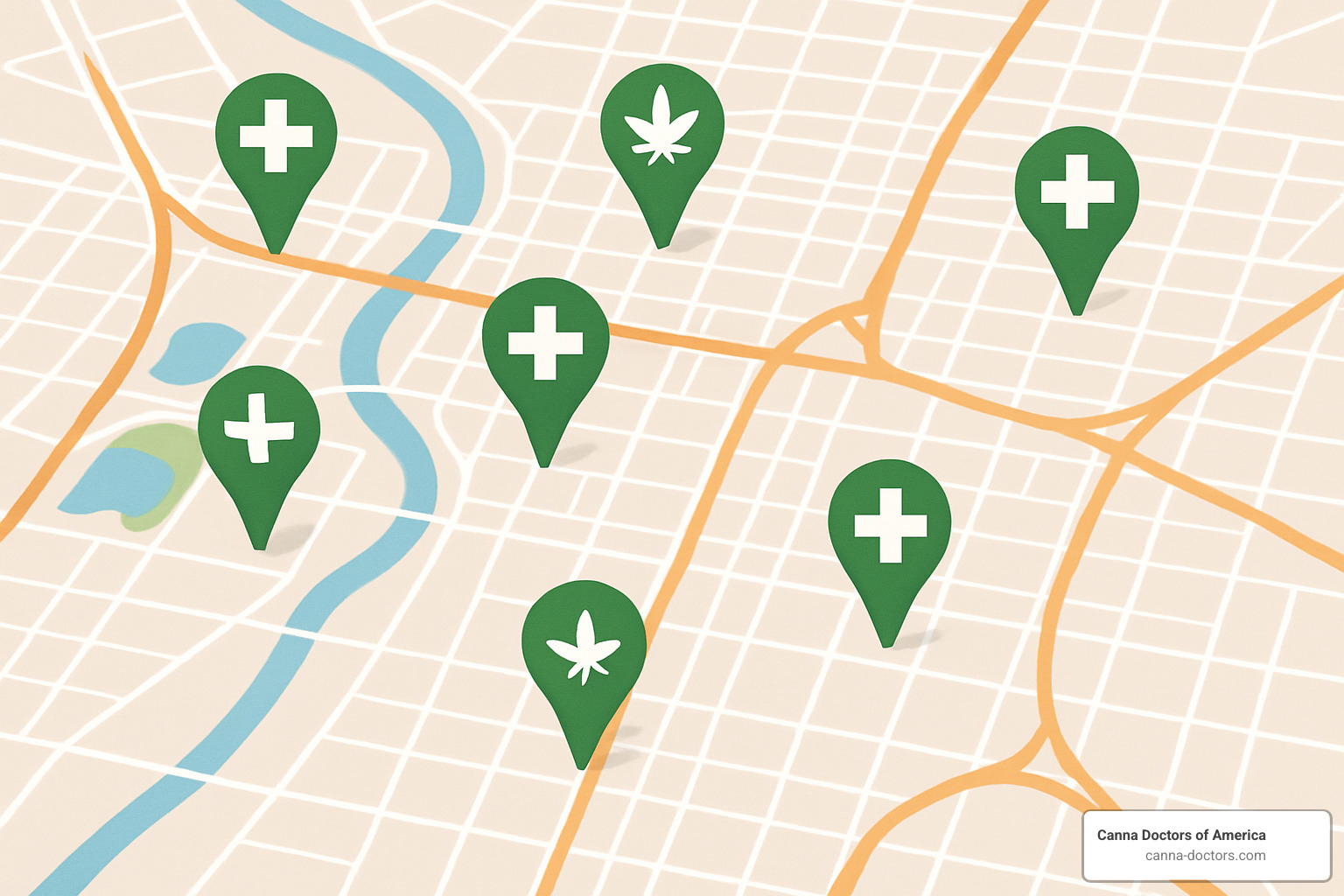 Map with location pins marking medical marijuana clinics across a city - medical card near me