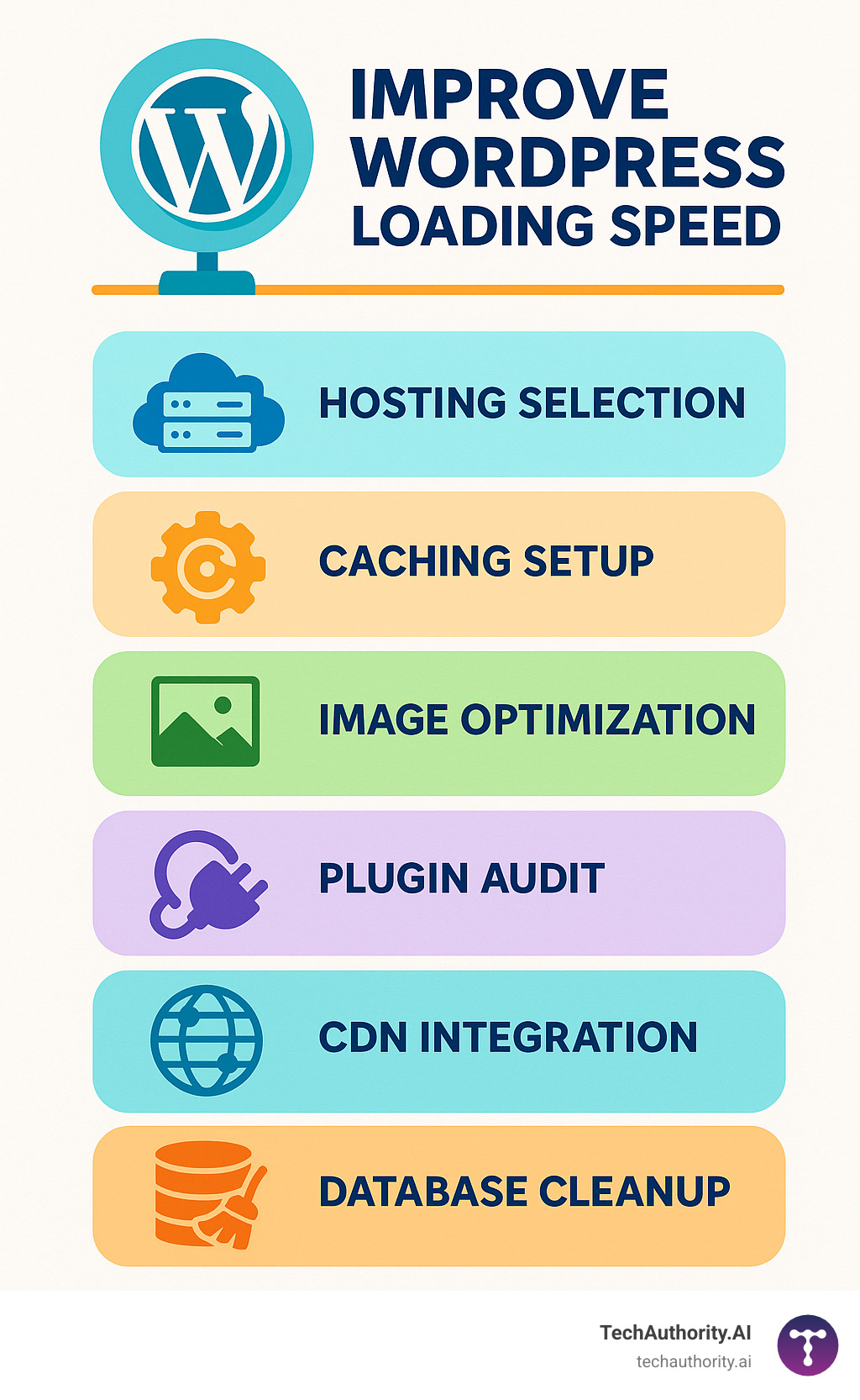 WordPress speed optimization checklist showing hosting selection, caching setup, image optimization, plugin audit, CDN integration, and database cleanup steps - Improve WordPress loading speed infographic