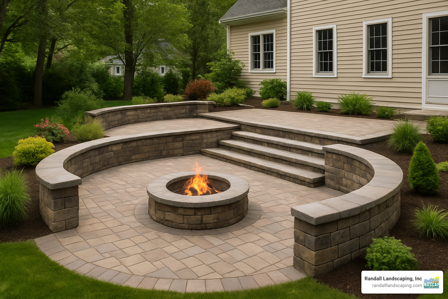 Multi-level patio with built-in seating and fire pit area - Patio design North Reading MA
