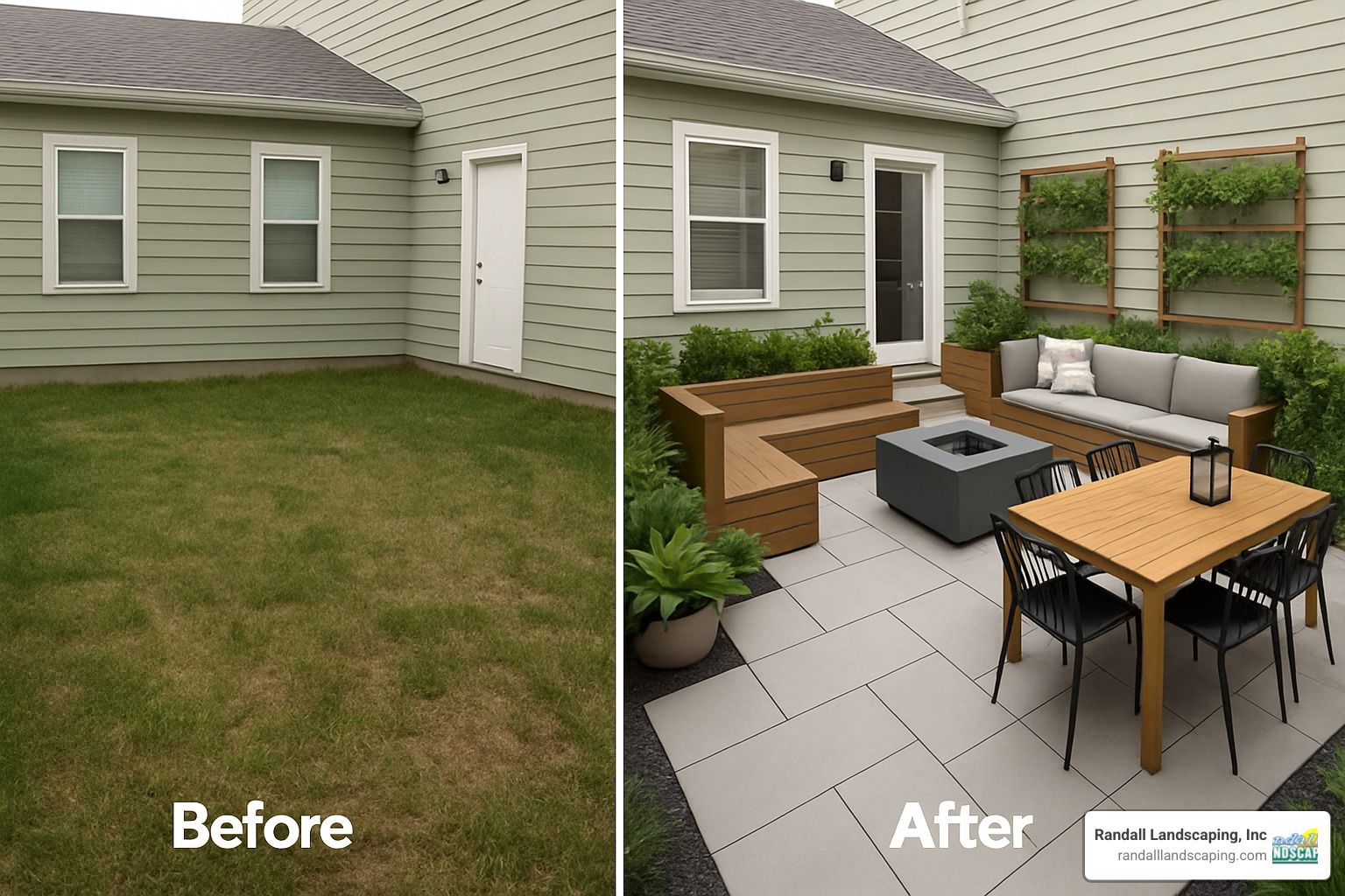 Before and after change of a small backyard showing compact patio design with multiple functional zones - Patio design North Reading MA