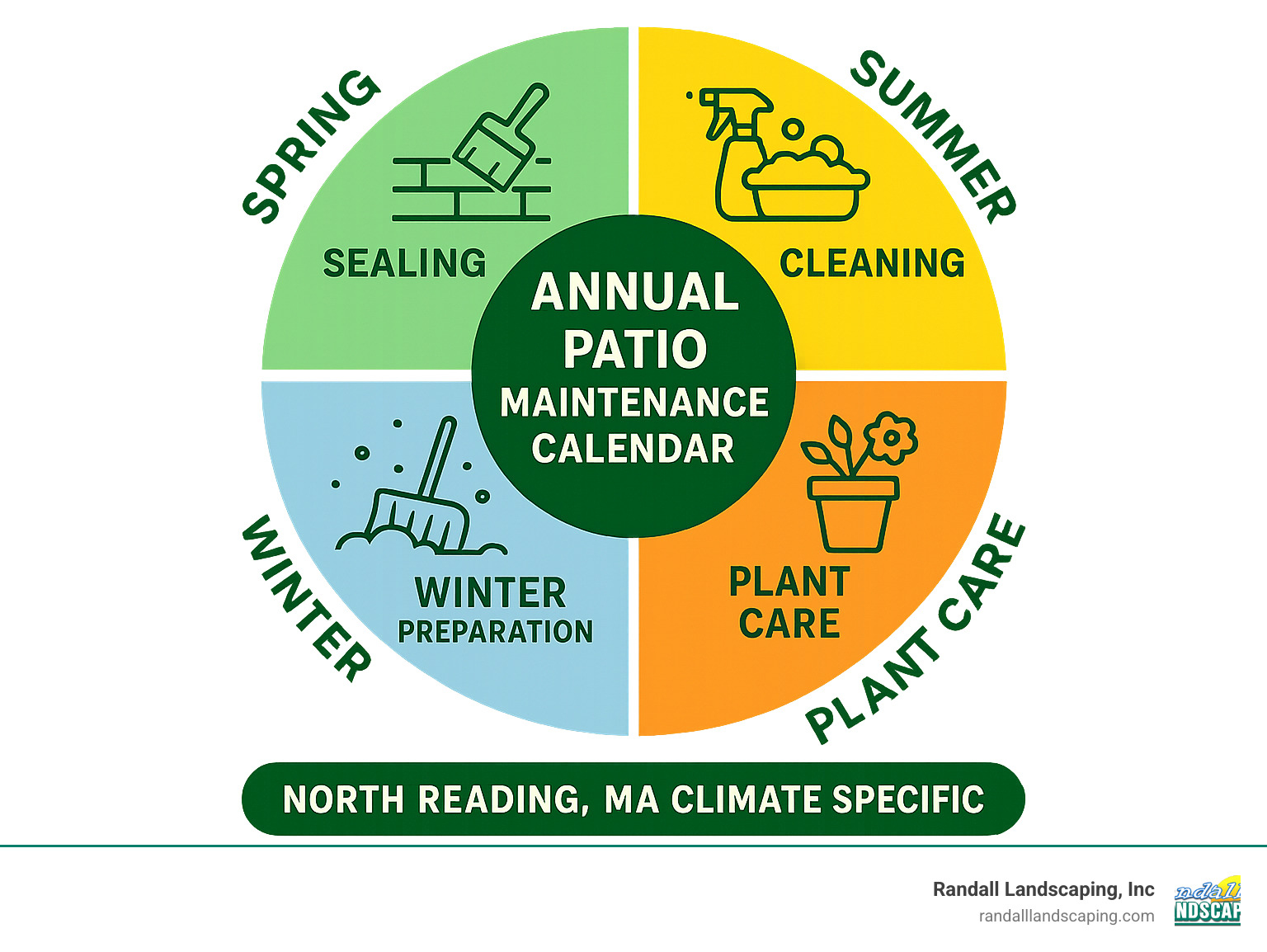 Annual patio maintenance calendar showing seasonal tasks like sealing, cleaning, plant care, and winter preparation specific to North Reading MA climate conditions - Patio design North Reading MA infographic 
