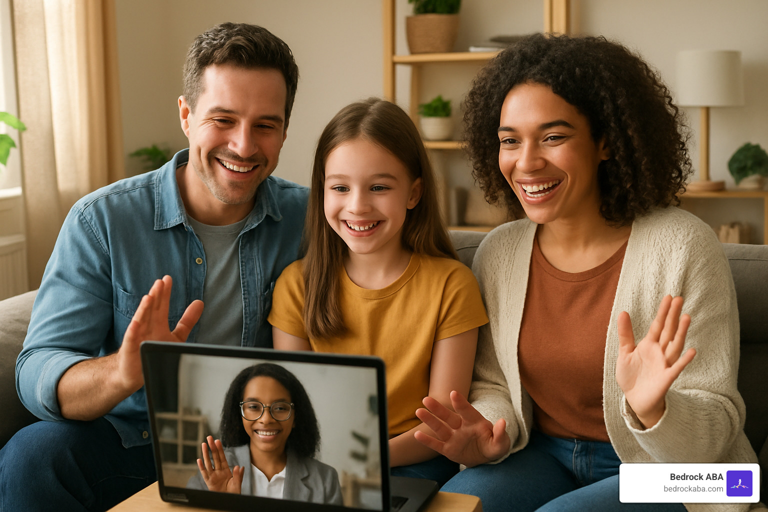happy family during video therapy session - aba telehealth