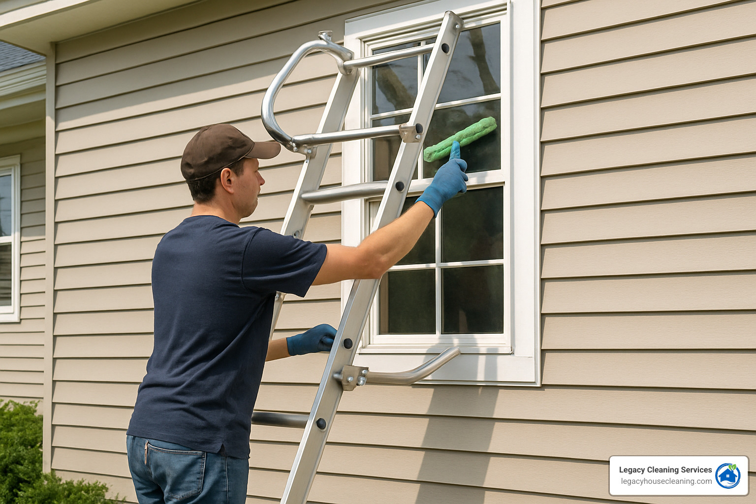 Ladder stabilizer setup showing dangers of DIY window cleaning for Madison two-story homes