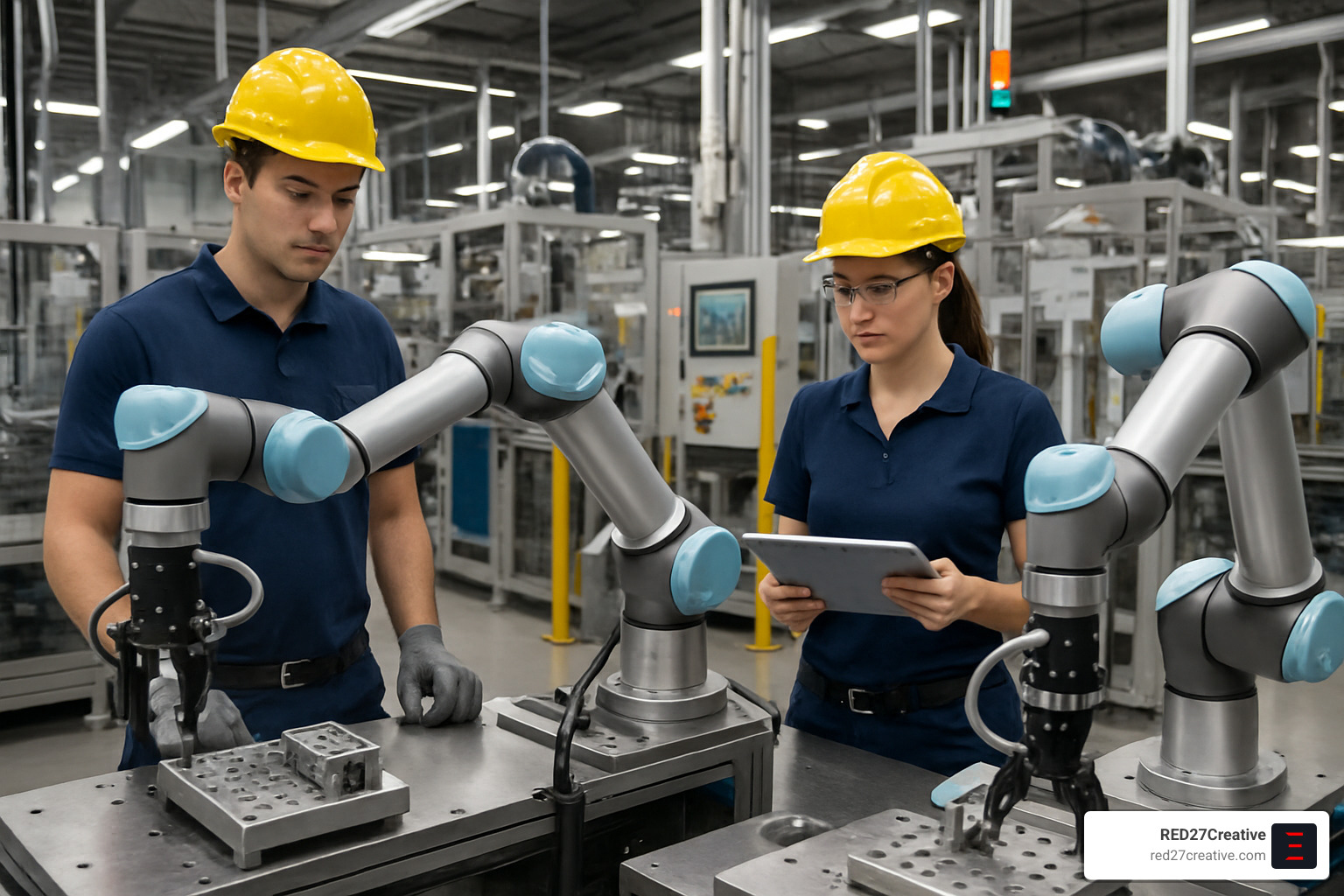 Why Manufacturing Research and Development is Your Secret Weapon • Manufacturing research and development • RED27Creative collaborative robots working alongside human workers on modern manufacturing line - Manufacturing research and development