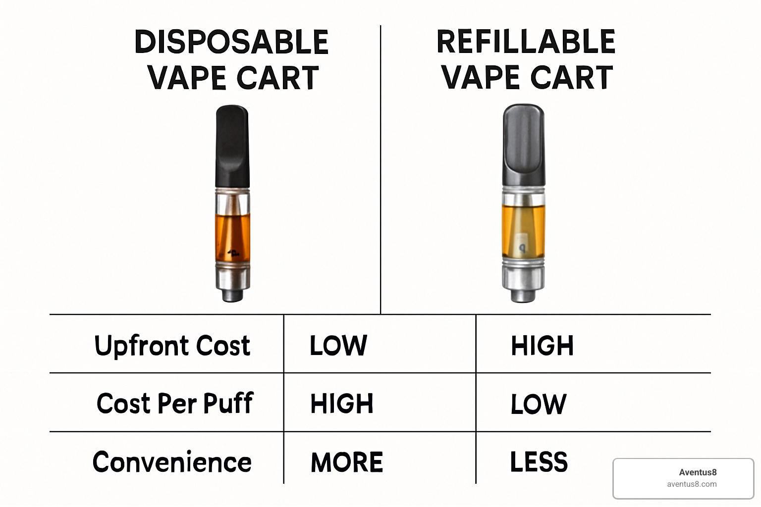 Comparison table showing disposable vs refillable cart features - disposable cart