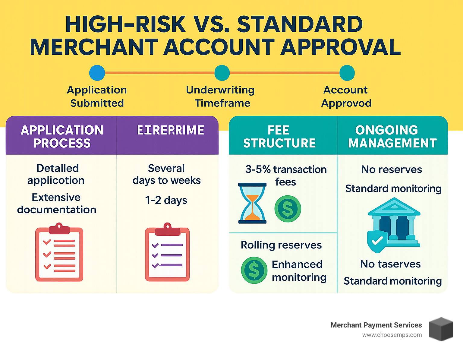 Detailed infographic showing the timeline and key differences between high-risk and standard merchant account approval processes, including application steps, documentation requirements, underwriting timeframes, fee structures, and ongoing account management differences - high risk merchant payment processing infographic 
