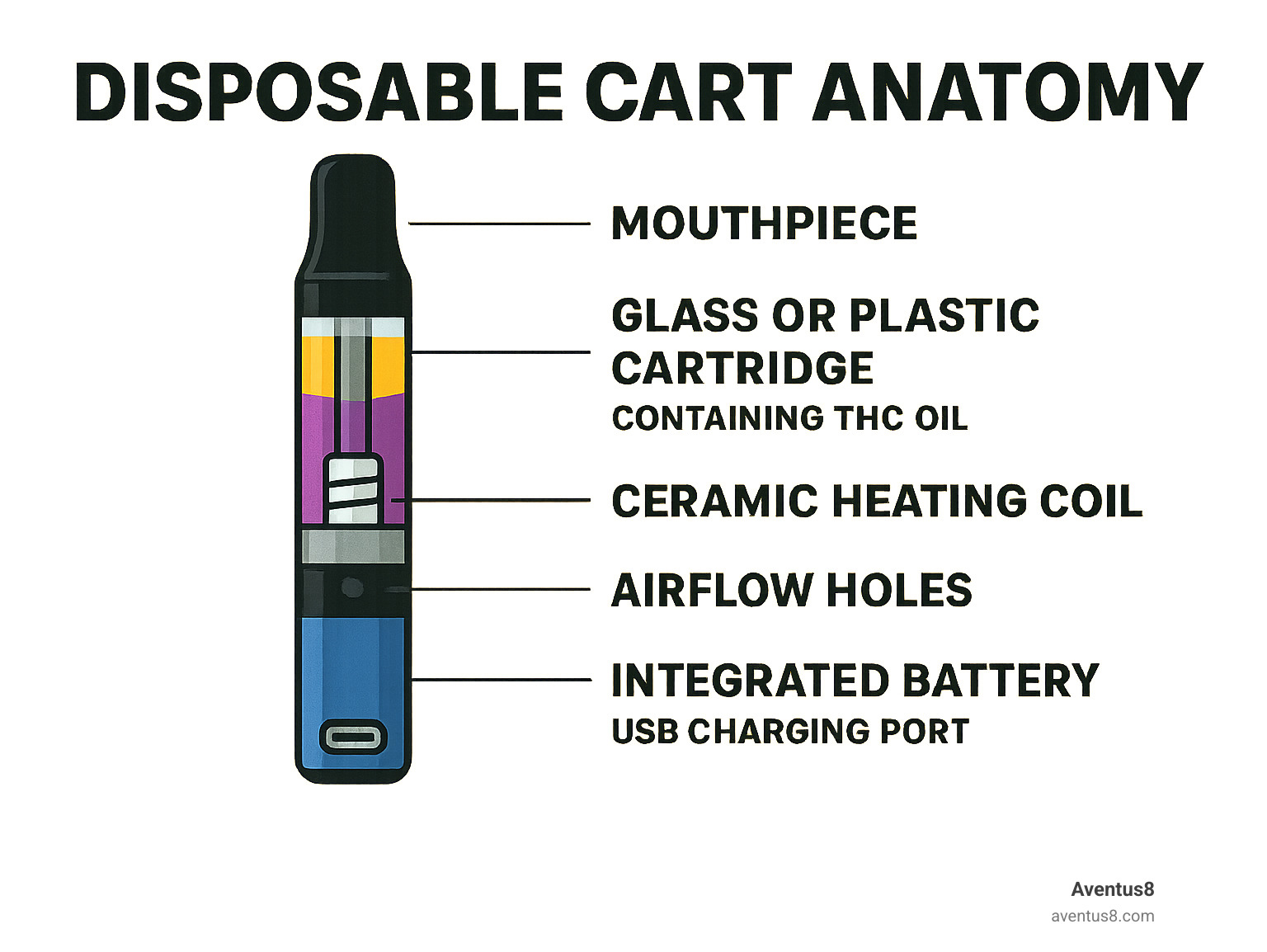 Infographic showing disposable cart anatomy with labeled components: mouthpiece at top, glass or plastic cartridge containing THC oil in middle, ceramic heating coil, airflow holes, and integrated battery at bottom with USB charging port - disposable cart infographic 