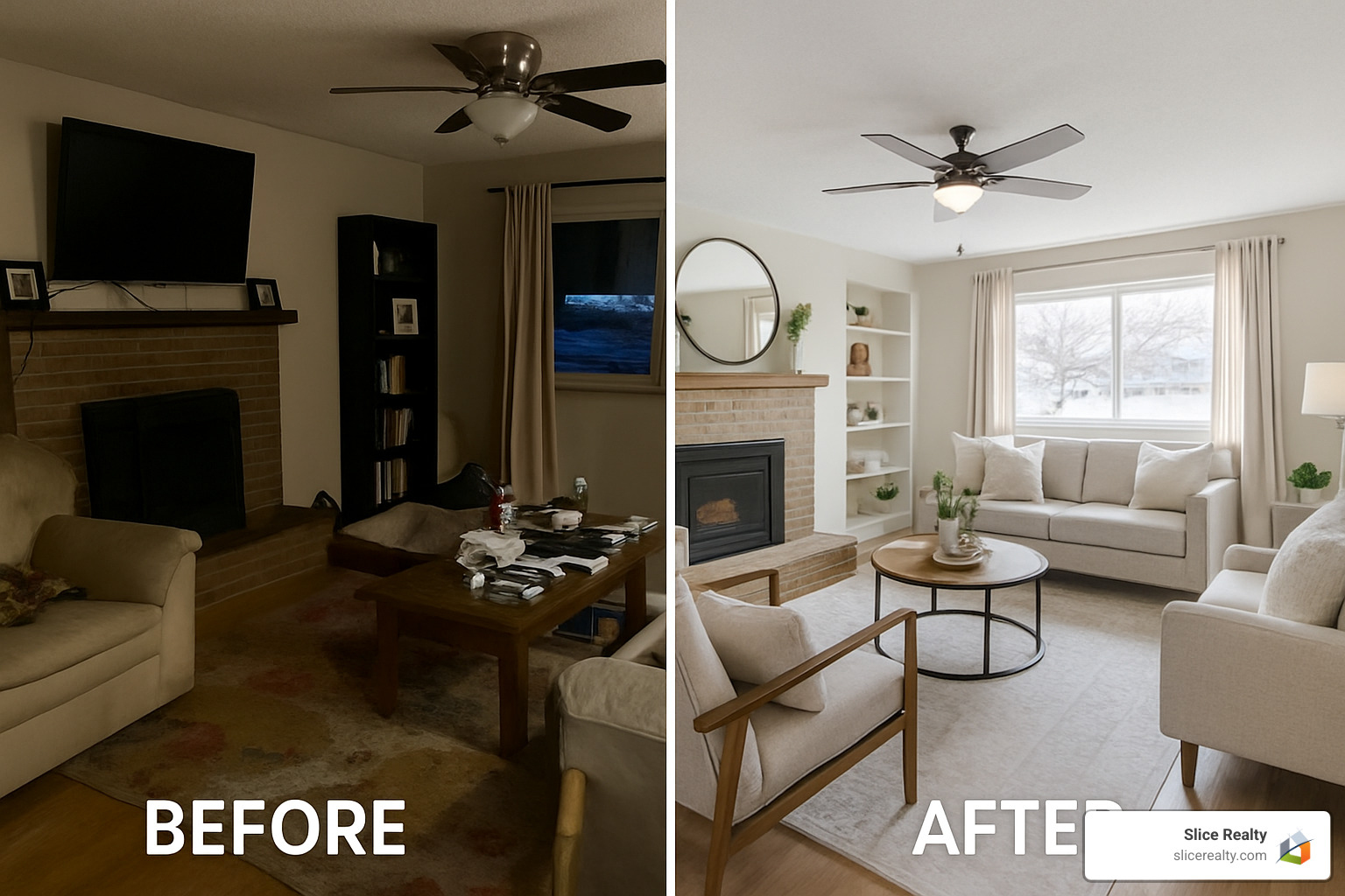 Before and after photos showing professional staging and photography impact on home presentation - Flat fee realty Denver