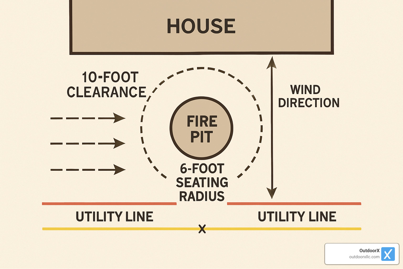 Overhead view of proper fire pit layout showing 10-foot clearance from house, 6-foot seating radius, wind direction considerations, and utility line locations - fire pit installation near me