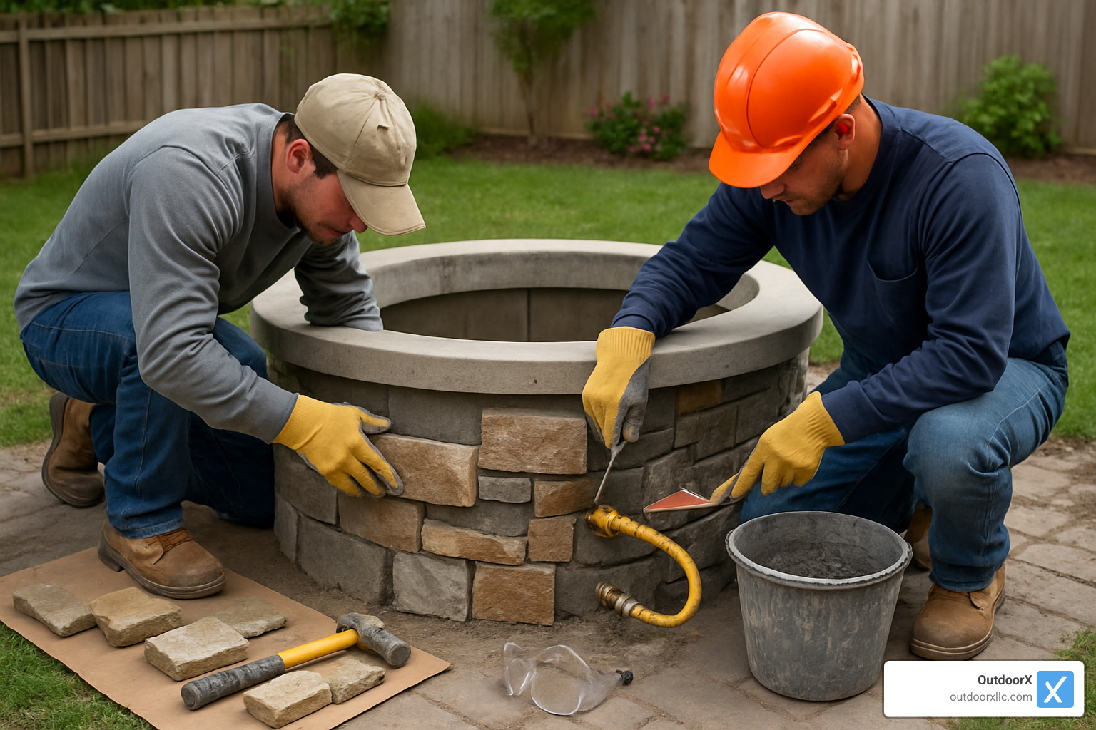 Installation crew setting natural stone veneer around fire pit base with gas line connections visible - fire pit installation near me