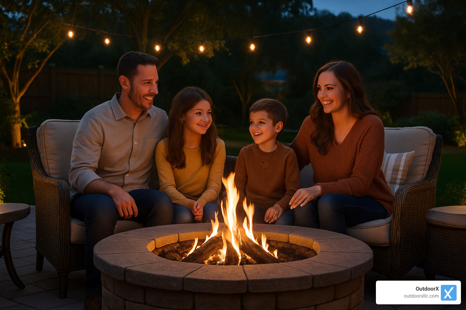 Happy family gathered around custom stone fire pit at dusk with comfortable seating and ambient lighting - fire pit installation near me
