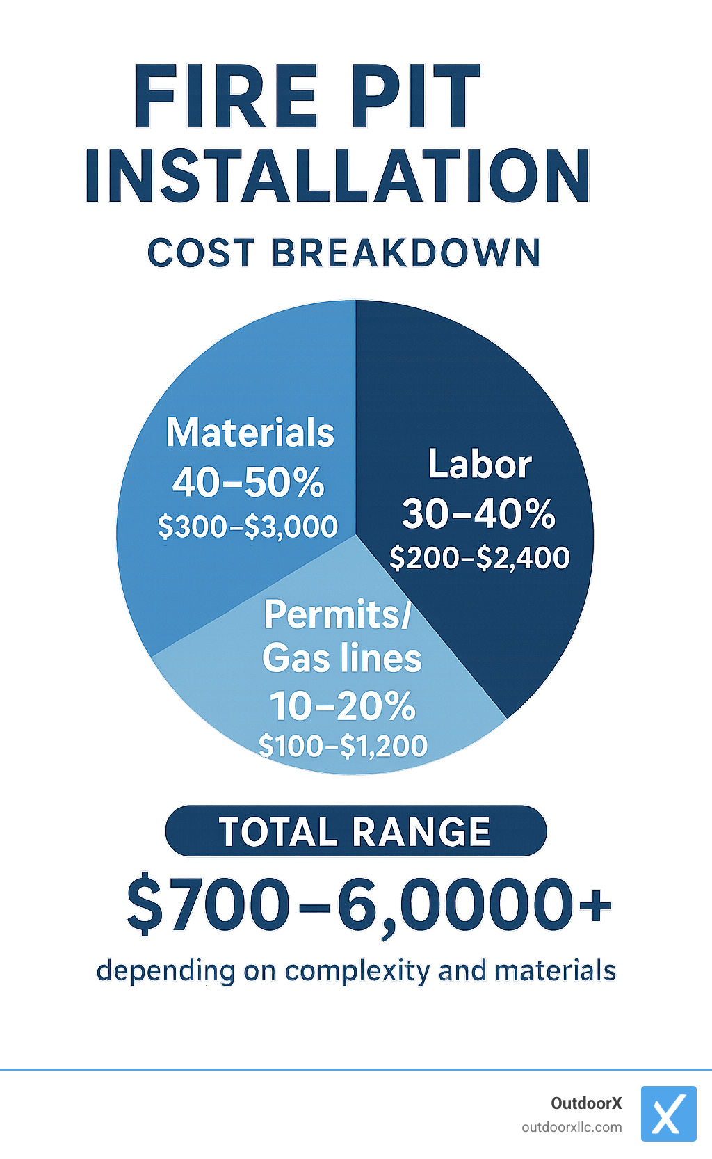 Cost breakdown infographic showing fire pit installation expenses: Materials 40-50% ($300-$3000), Labor 30-40% ($200-$2400), Permits/Gas lines 10-20% ($100-$1200), with total range $700-$6000+ depending on complexity and materials - fire pit installation near me infographic 