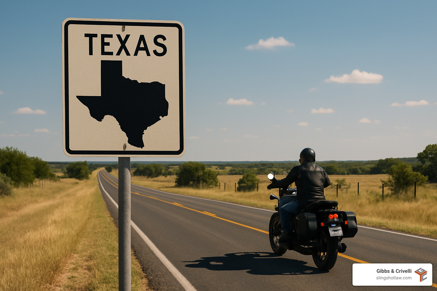 Texas highway sign with motorcycle on rural road - austin motorcycle accident lawyer