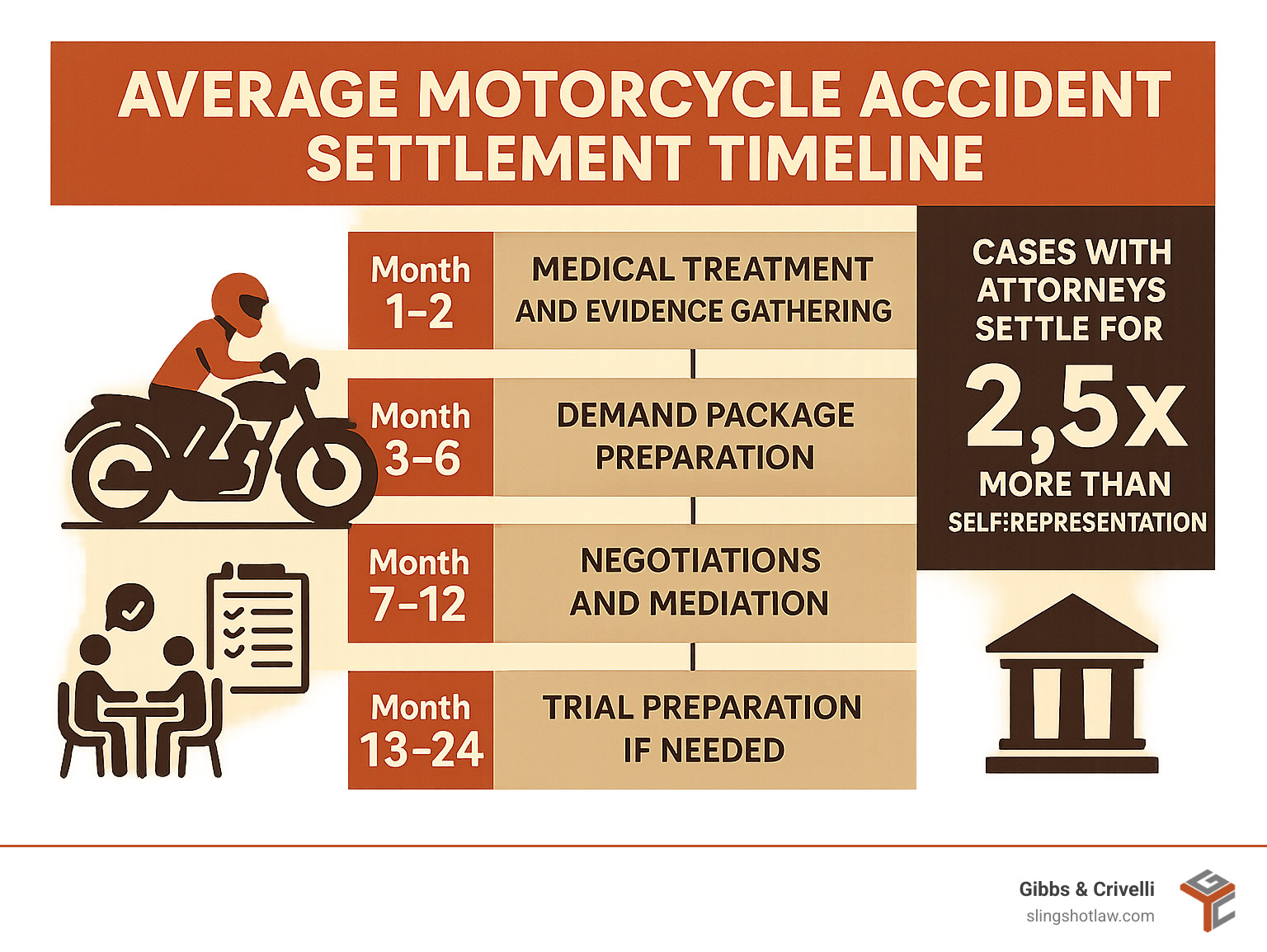 Infographic showing average motorcycle accident settlement timeline: Month 1-2: Medical treatment and evidence gathering, Month 3-6: Demand package preparation, Month 7-12: Negotiations and mediation, Month 13-24: Trial preparation if needed, with notation that cases with attorneys settle for 2.5x more than self-representation - austin motorcycle accident lawyer infographic 