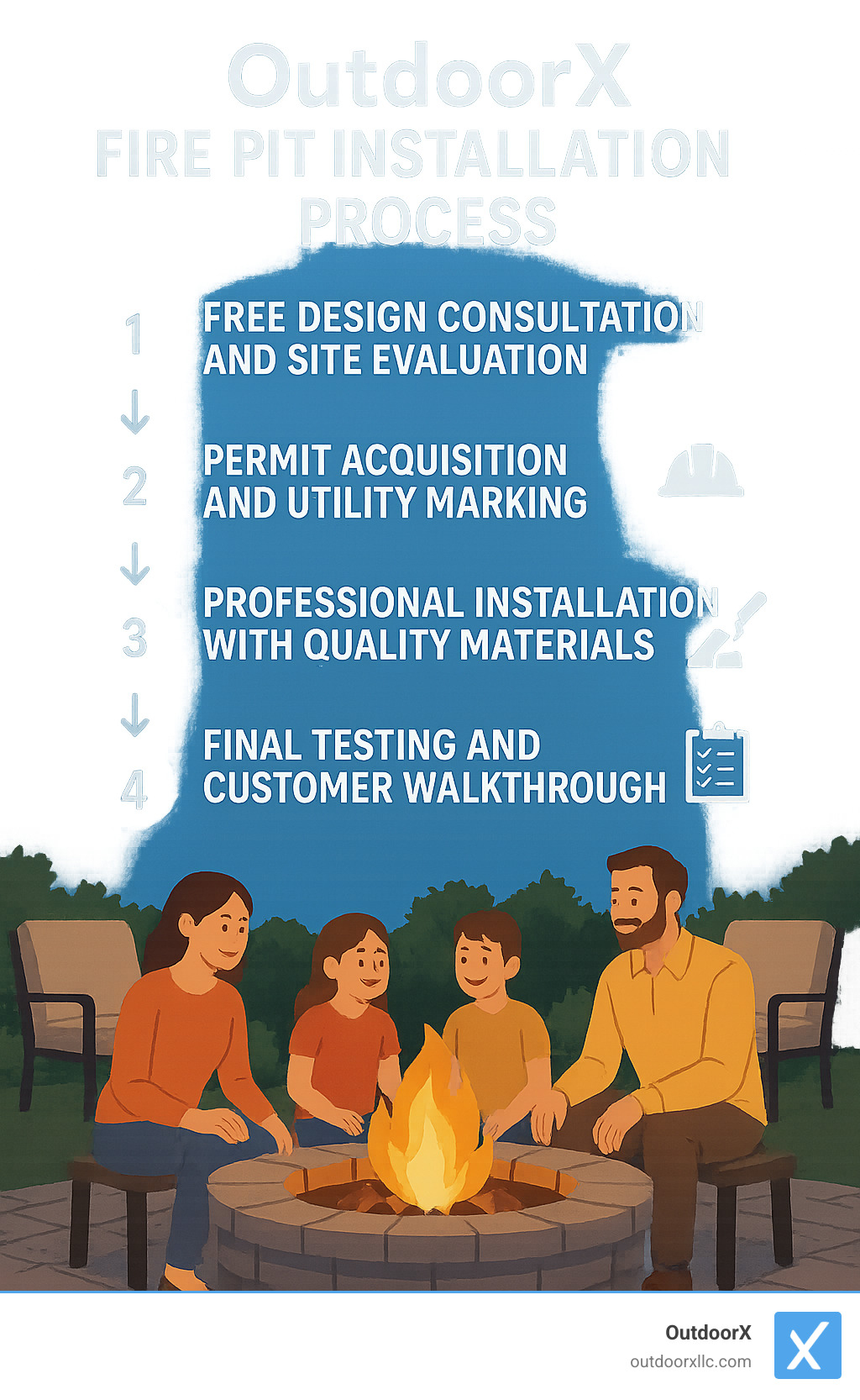 OutdoorX fire pit installation process: 1. Free design consultation and site evaluation, 2. Permit acquisition and utility marking, 3. Professional installation with quality materials, 4. Final testing and customer walkthrough, with satisfied family enjoying finished fire pit in background - fire pit installation near me infographic 