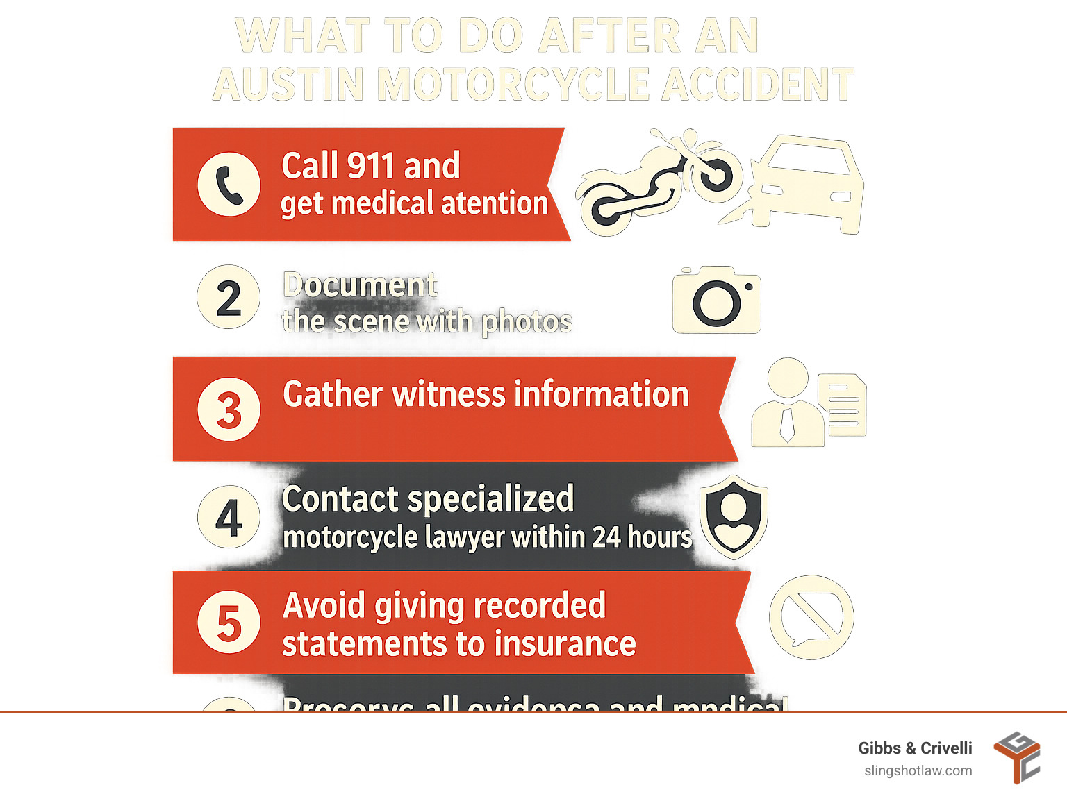 Infographic showing step-by-step process after Austin motorcycle accident: 1) Call 911 and get medical attention, 2) Document the scene with photos, 3) Gather witness information, 4) Contact specialized motorcycle lawyer within 24 hours, 5) Avoid giving recorded statements to insurance, 6) Preserve all evidence and medical records - austin motorcycle accident lawyer infographic 