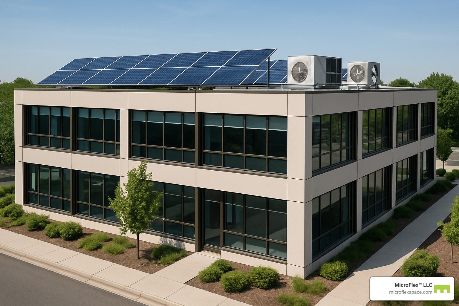 solar panels installed on modular office roof with energy-efficient HVAC units visible - temporary modular office buildings