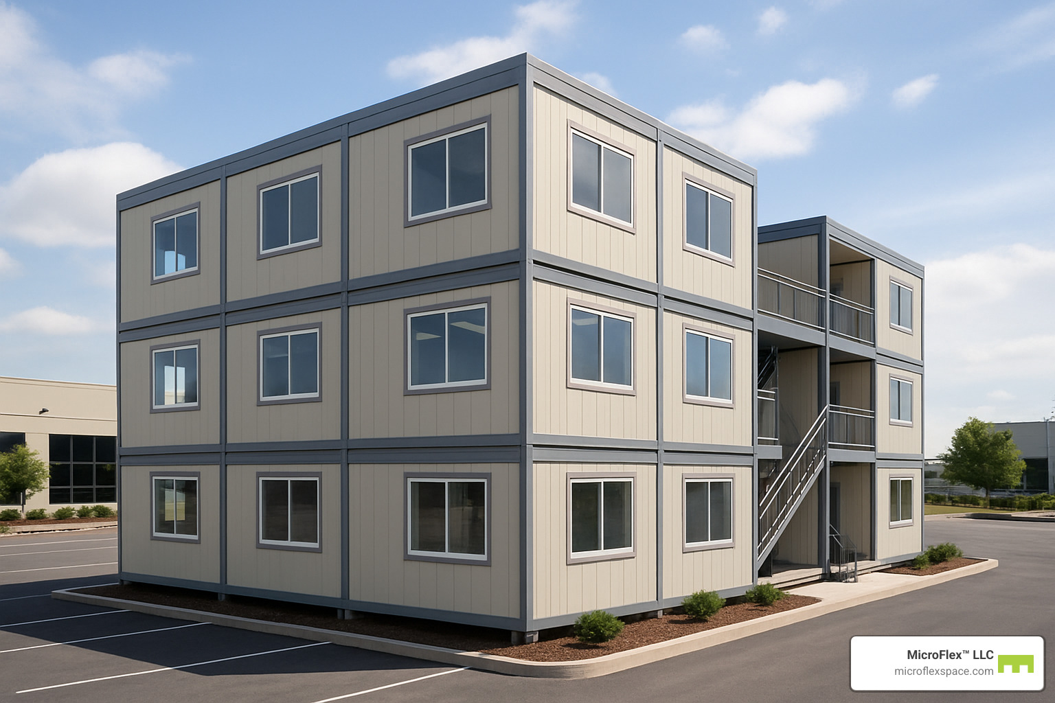 stacked modular office complex with multiple levels and professional exterior finishes - temporary modular office buildings