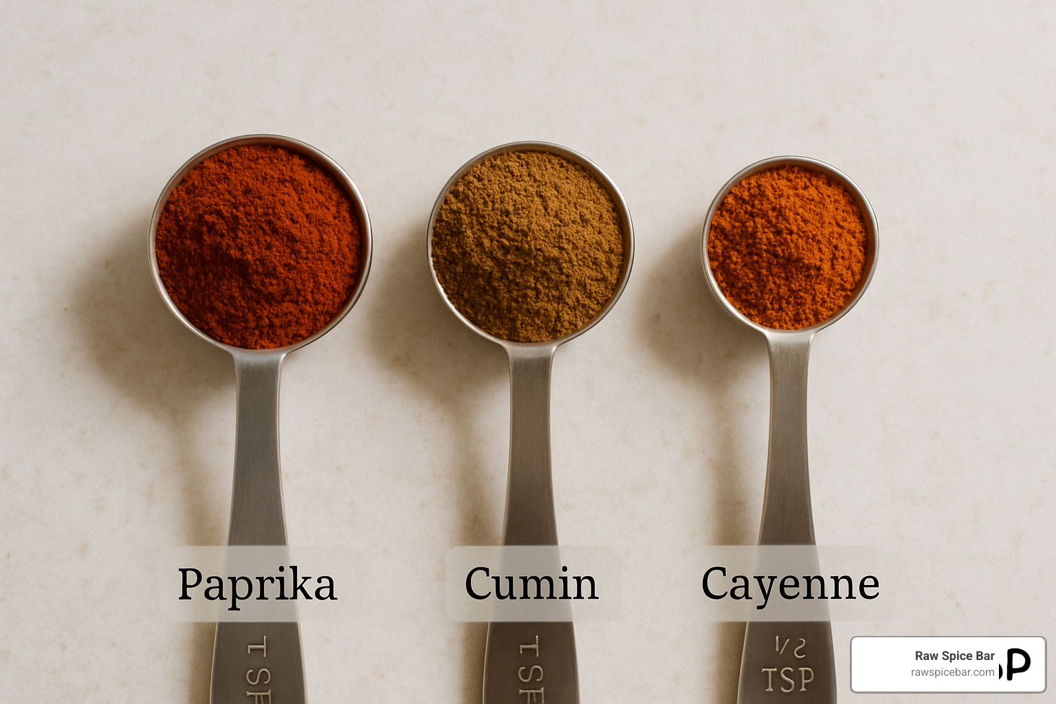 measuring spoons with paprika, cumin, cayenne - alternative for chili powder