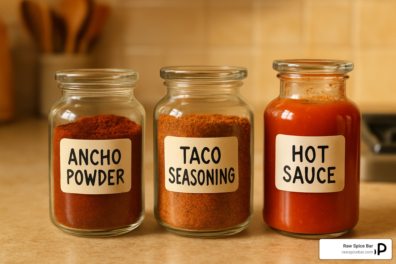 jars of ancho, taco seasoning, hot sauce - alternative for chili powder