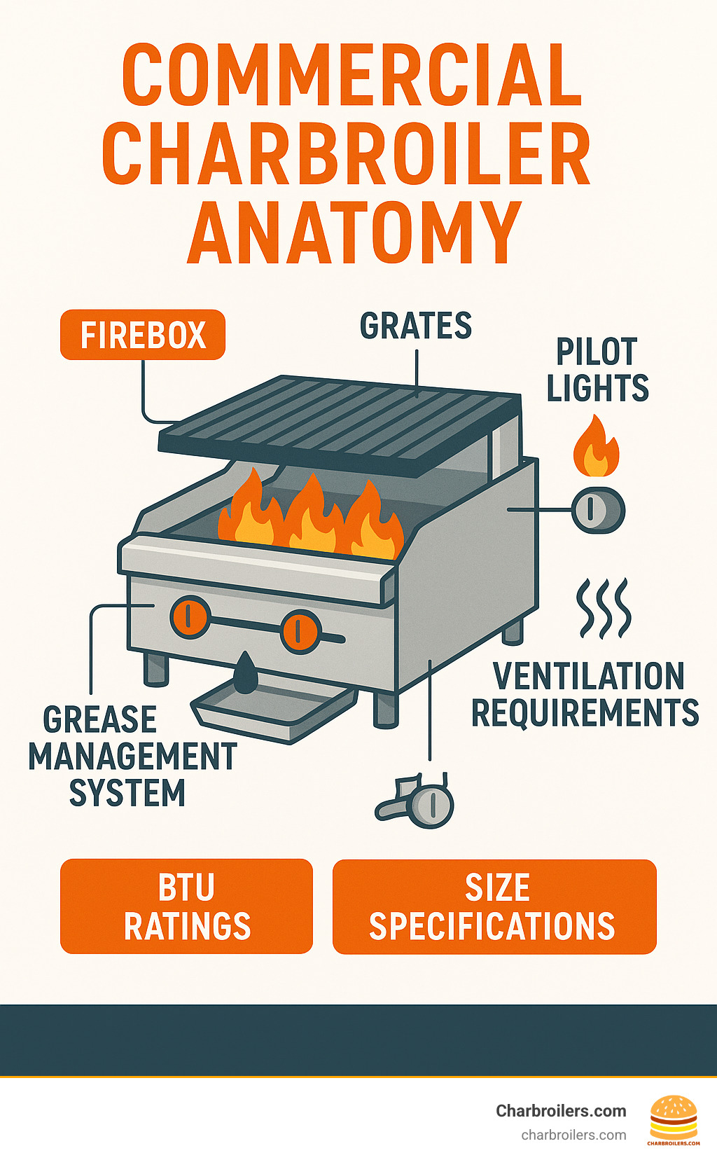 Commercial charbroiler anatomy showing firebox, burners, grates, grease management system, pilot lights, and ventilation requirements with BTU ratings and size specifications - charbroiler commercial infographic 