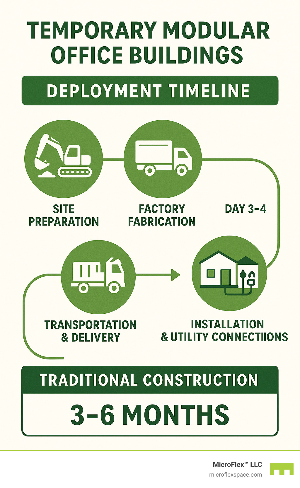 Infographic showing temporary modular office buildings deployment timeline: Day 1-2 site preparation and factory fabrication occurring simultaneously, Day 3-4 transportation and delivery, Day 5 installation and utility connections, compared to traditional construction taking 3-6 months for similar office space - temporary modular office buildings infographic