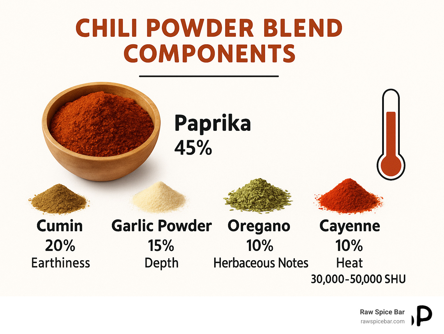 Comprehensive guide showing chili powder blend components including paprika base, cumin for earthiness, garlic and onion powders for depth, oregano for herbaceous notes, and cayenne for heat, with ratios and Scoville heat unit comparisons - alternative for chili powder infographic 