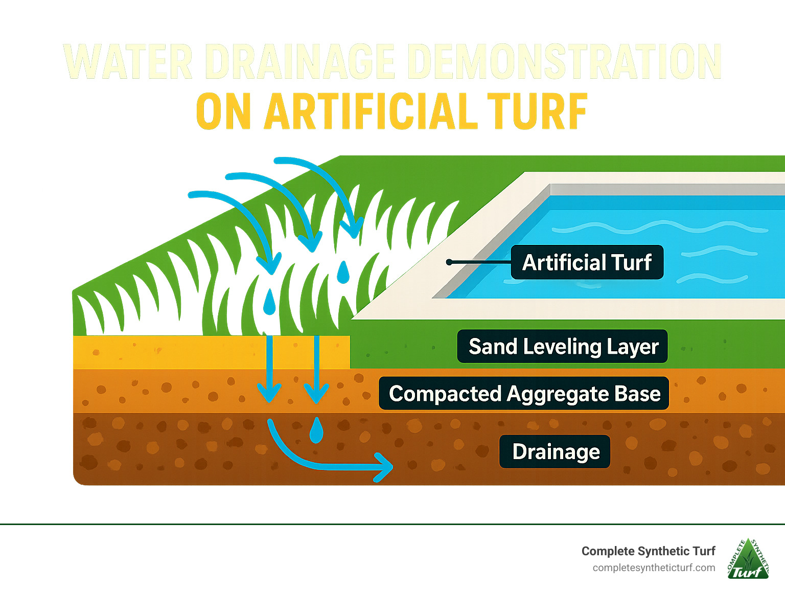 Water drainage demonstration on artificial turf - artificial turf pool infographic 