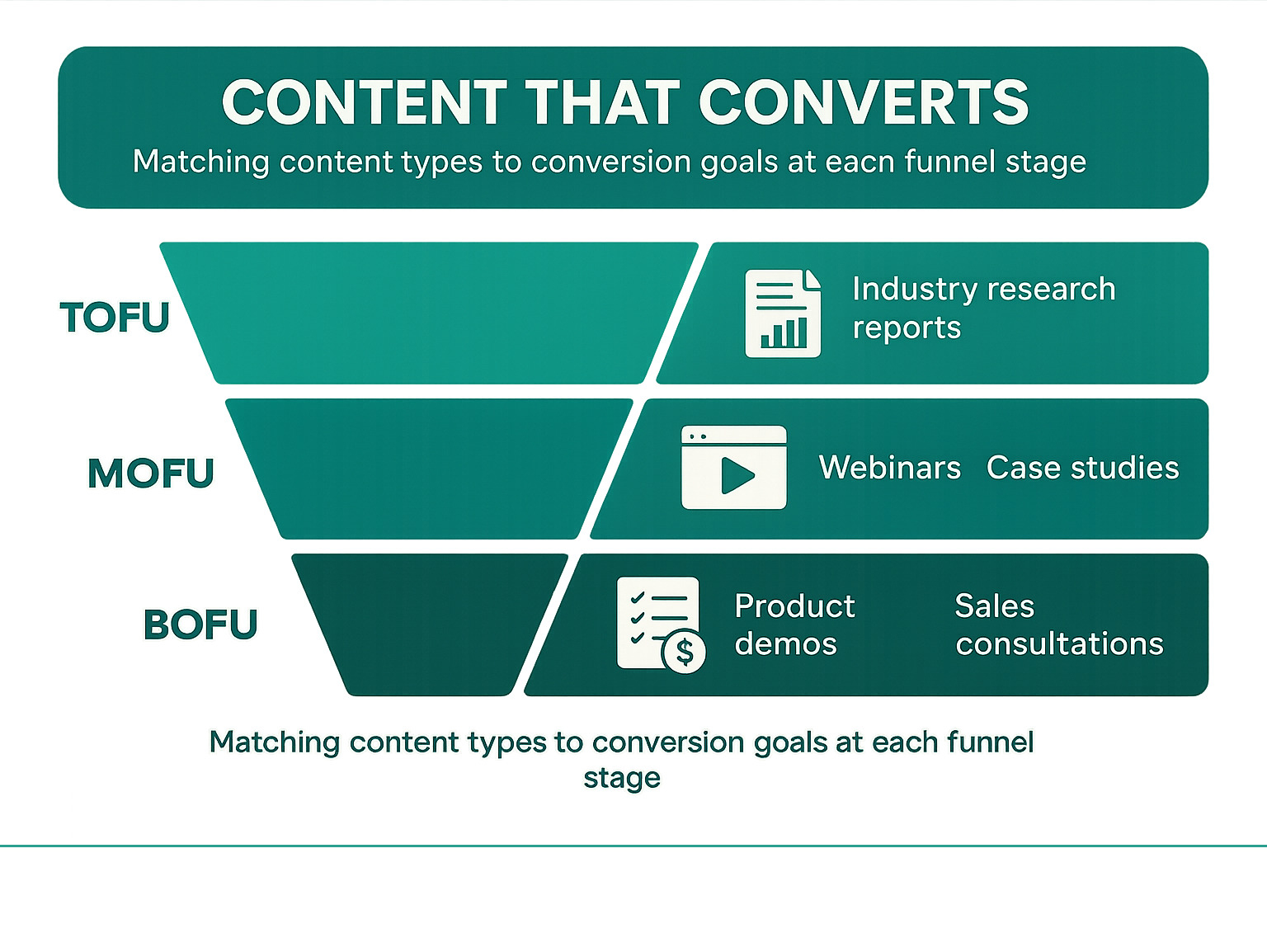 Infographic showing TOFU-MOFU-BOFU content strategy with specific content types and conversion goals at each funnel stage - B2B marketing process infographic Infographic showing TOFU-MOFU-BOFU content strategy with specific content types and conversion goals at each funnel stage - B2B marketing process infographic