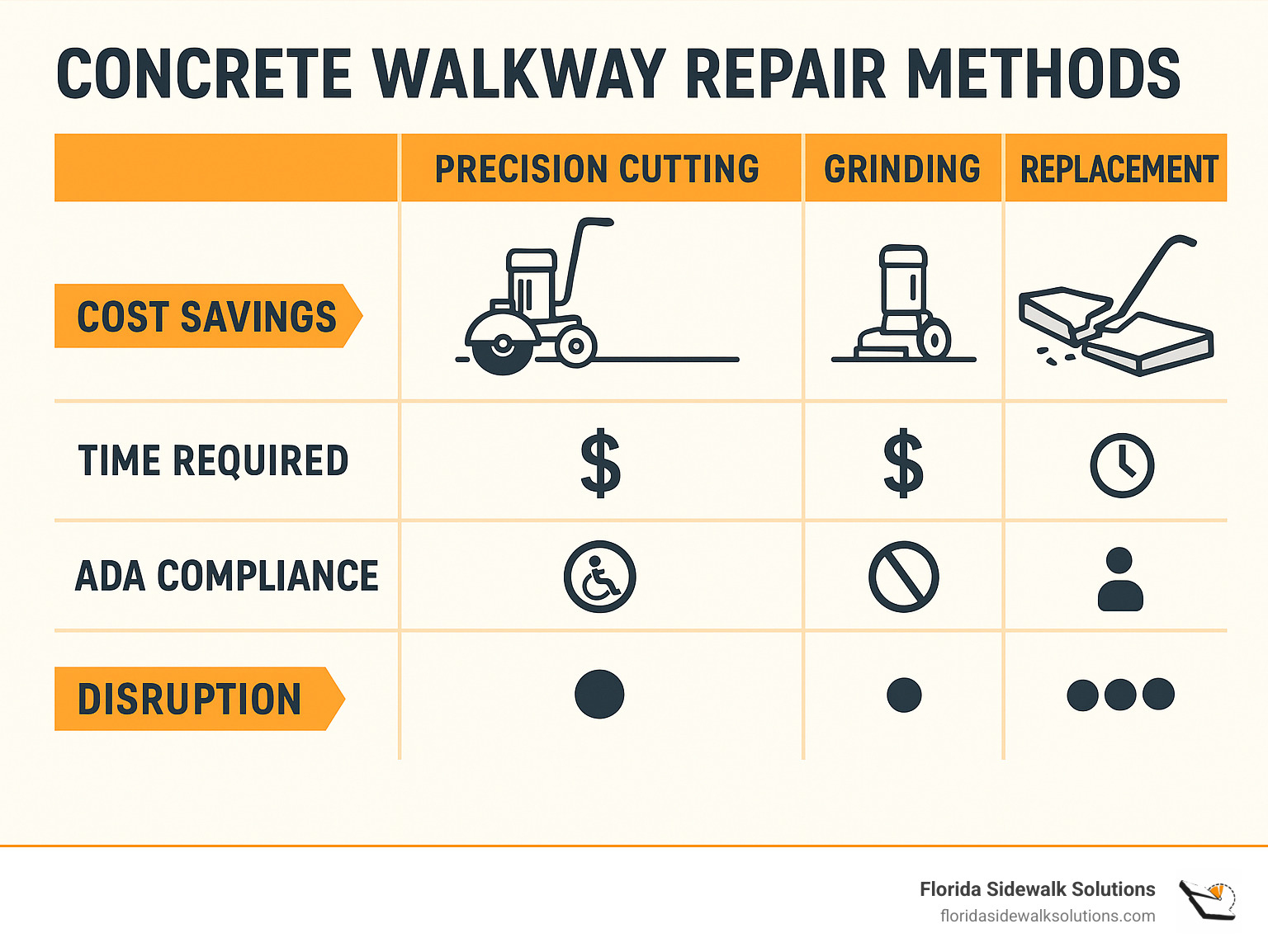 Infographic showing comparison of concrete walkway repair methods: precision cutting vs grinding vs replacement, including cost savings, time requirements, ADA compliance status, and disruption levels for each method - Concrete walkway repair services infographic 