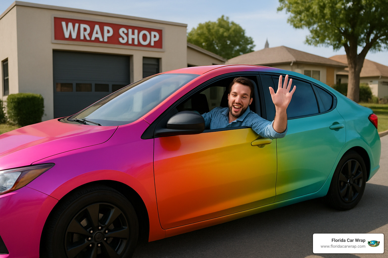 satisfied customer driving away in freshly wrapped vehicle - car wraps near me
