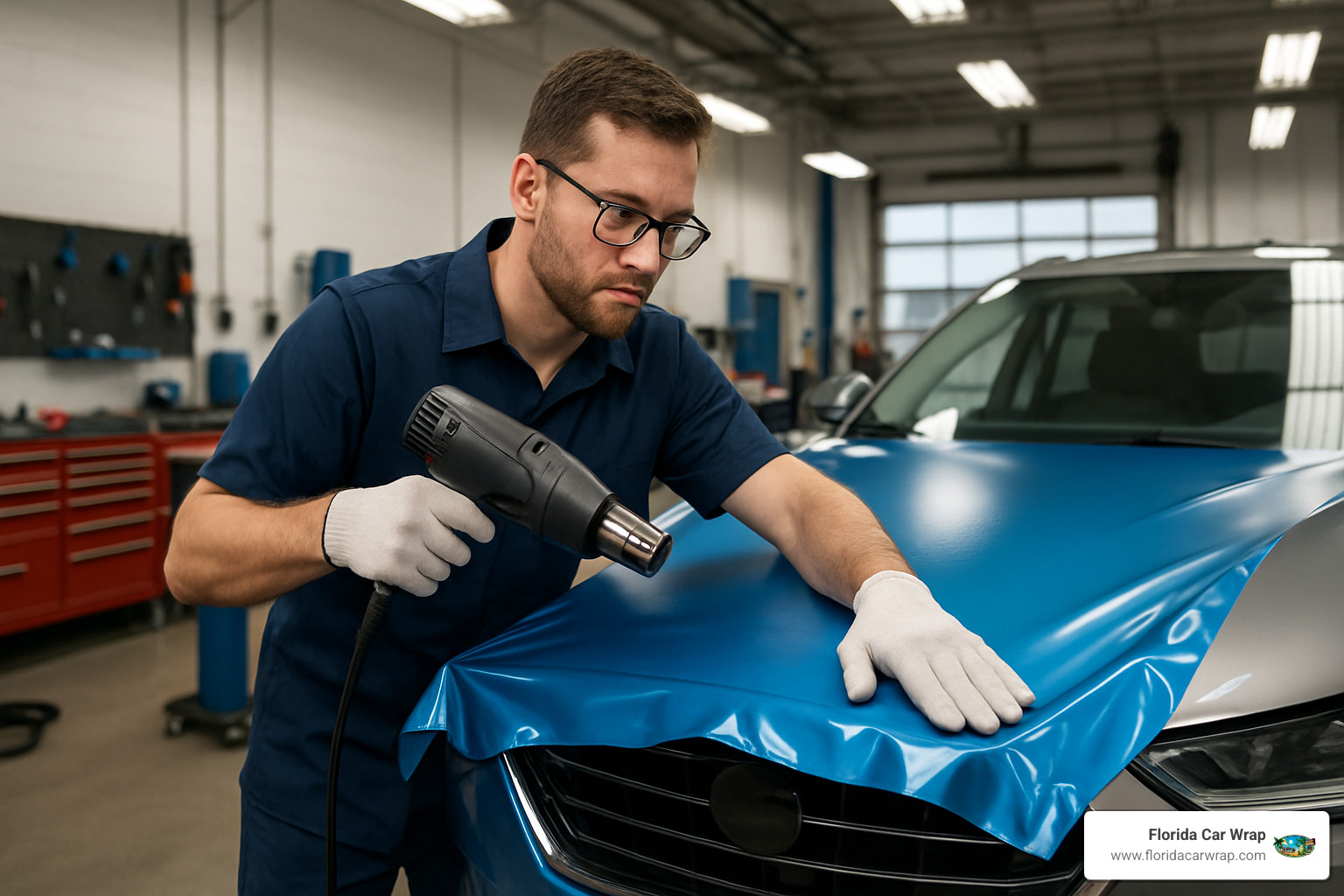 professional technician using heat gun during wrap installation - car wraps near me