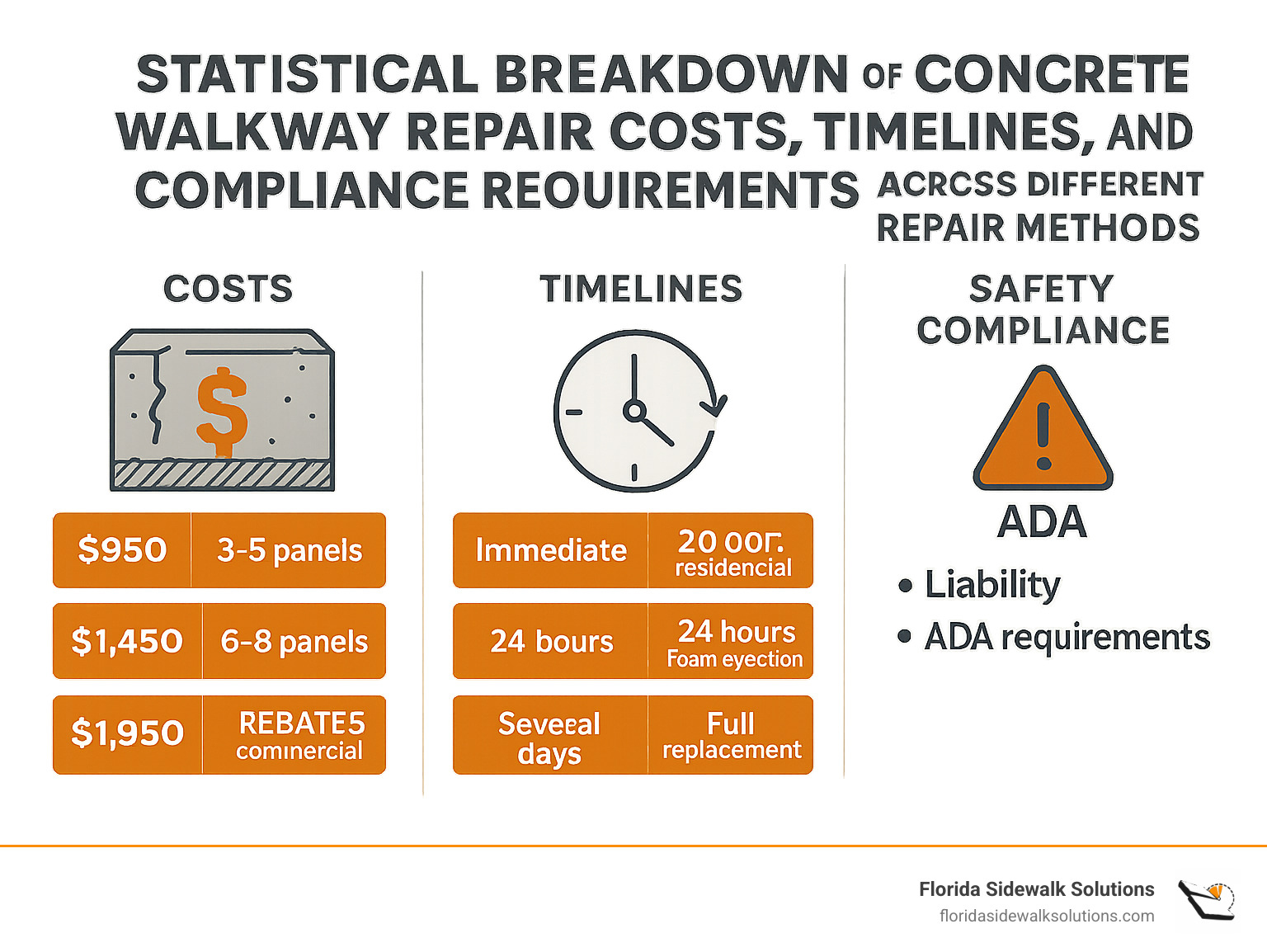 Statistical breakdown of concrete walkway repair costs, timelines, and compliance requirements across different repair methods - Concrete walkway repair services infographic 
