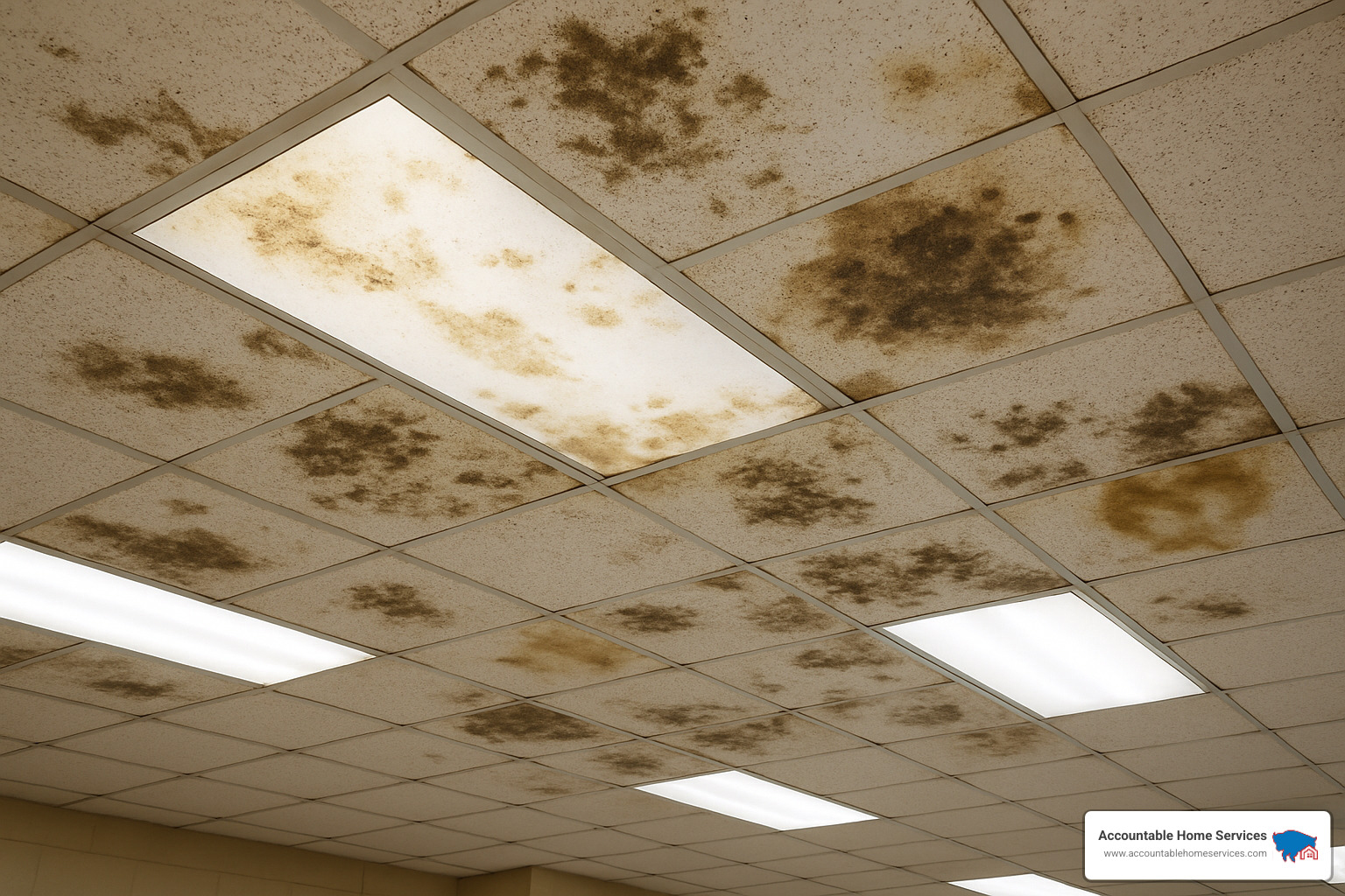 visible mold growth on commercial ceiling tiles - commercial mold damage restoration near me