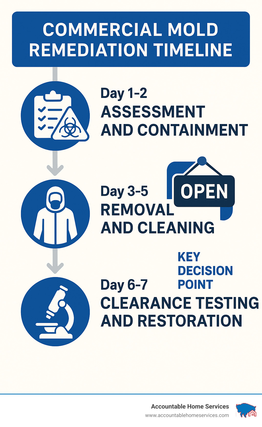 Infographic showing commercial mold remediation timeline: Day 1-2 assessment and containment, Day 3-5 removal and cleaning, Day 6-7 clearance testing and restoration, with key decision points for business continuity - commercial mold damage restoration near me infographic 