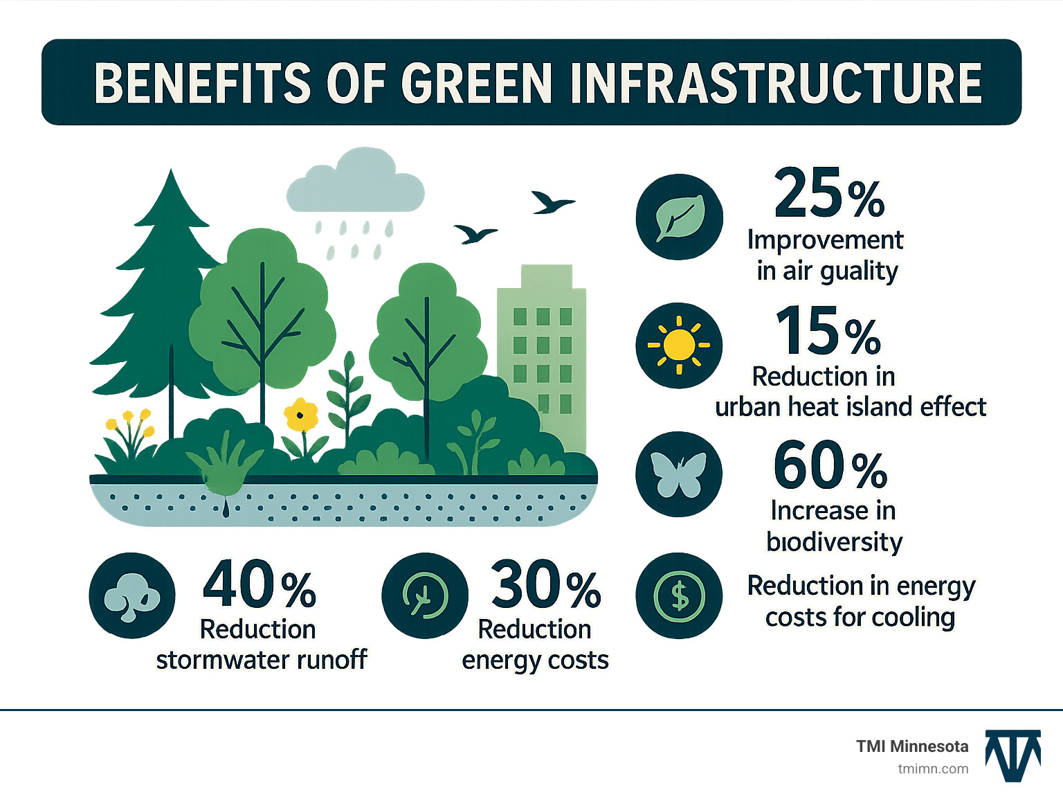 Infographic showing benefits of green infrastructure: 40% reduction in stormwater runoff, 25% improvement in air quality, 15% reduction in urban heat island effect, 60% increase in biodiversity, 30% reduction in energy costs for cooling - landscaping architect infographic 