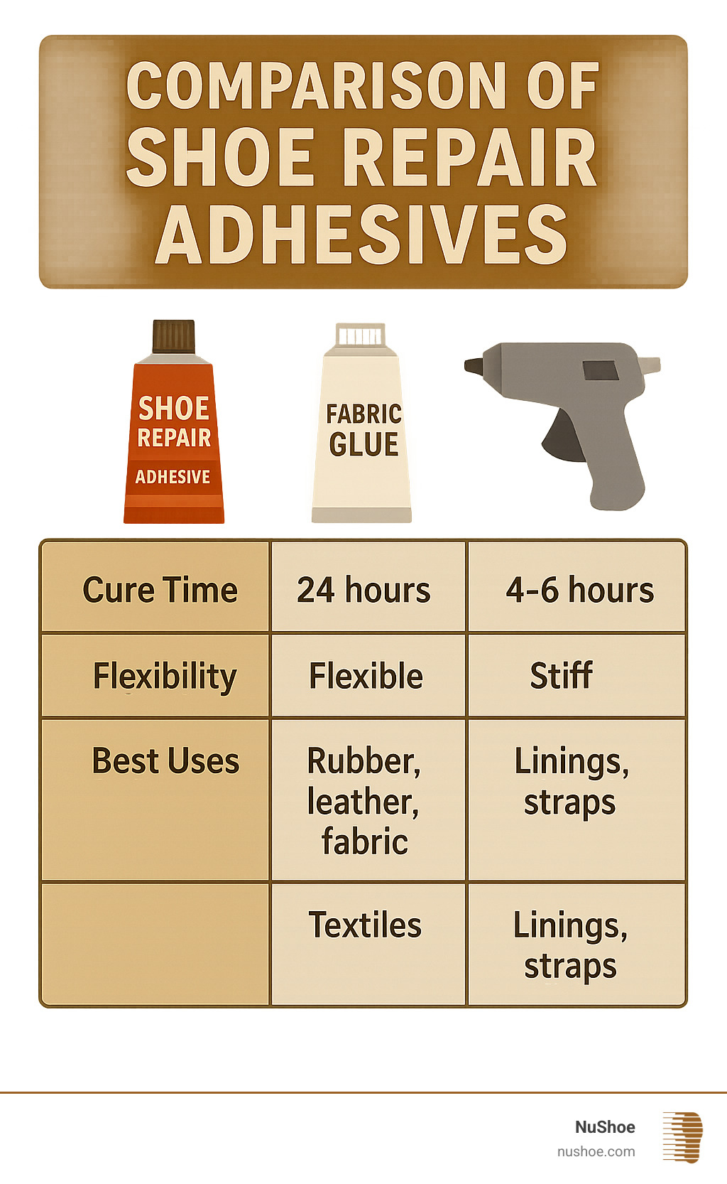 Comparison table of popular shoe repair adhesives showing cure time, flexibility, and best uses for Shoe Goo, fabric glue, and hot glue - how to repair hole in tennis shoe infographic 