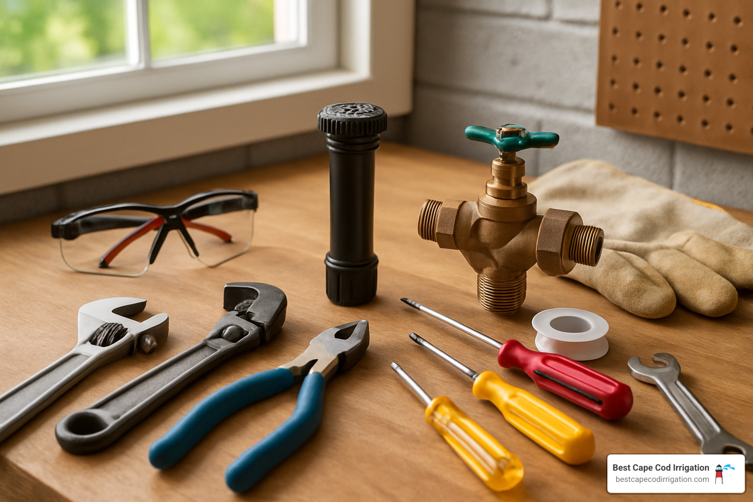 irrigation system startup tools and safety equipment laid out on a workbench - start up sprinkler system in spring
