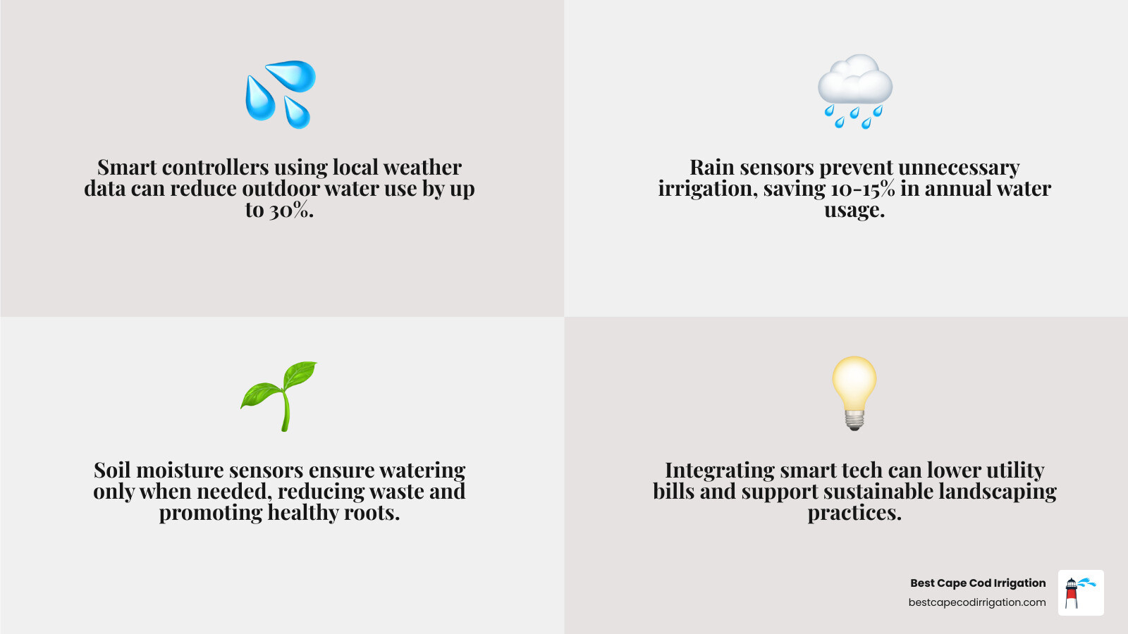 Statistical infographic showing water savings potential of smart irrigation systems, with percentages for different technologies like rain sensors, soil moisture sensors, and weather-based controllers - start up sprinkler system in spring infographic 4_facts_emoji_grey