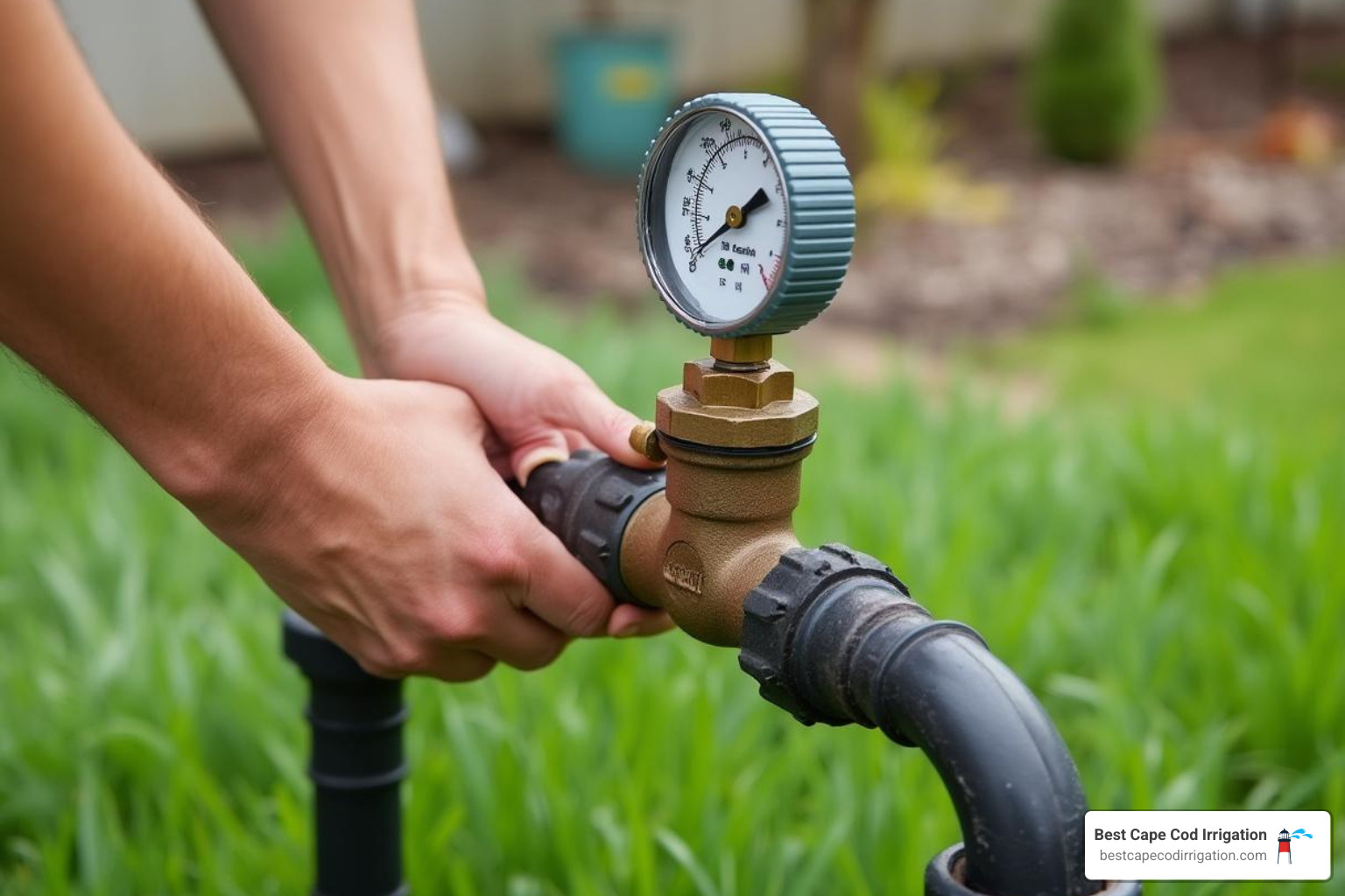 close-up of hands slowly turning main irrigation valve with pressure gauge visible - start up sprinkler system in spring