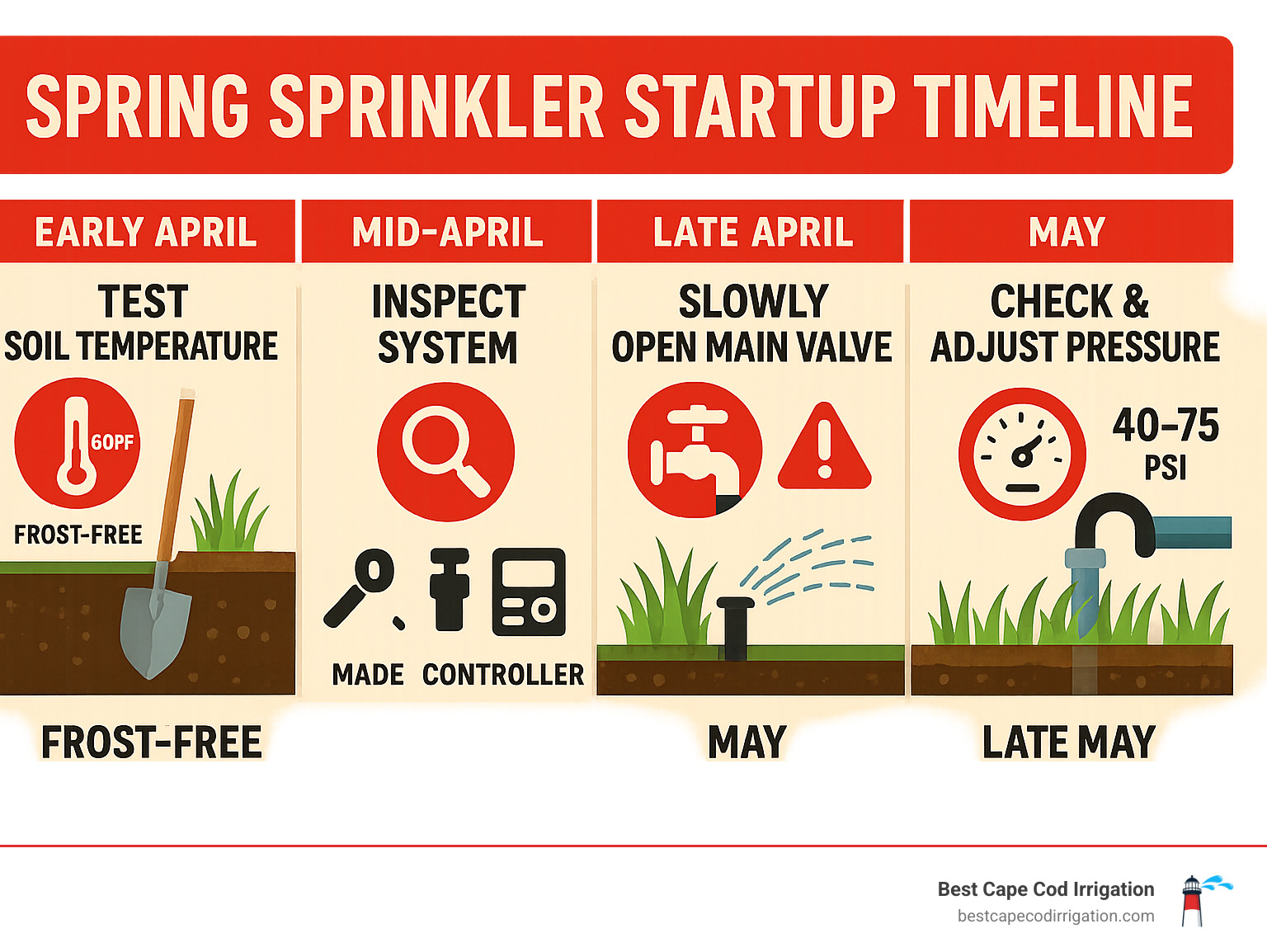 Detailed infographic showing spring sprinkler startup timeline from soil testing in early April through full system operation by late May, including temperature checkpoints, inspection steps, and safety precautions - start up sprinkler system in spring infographic 