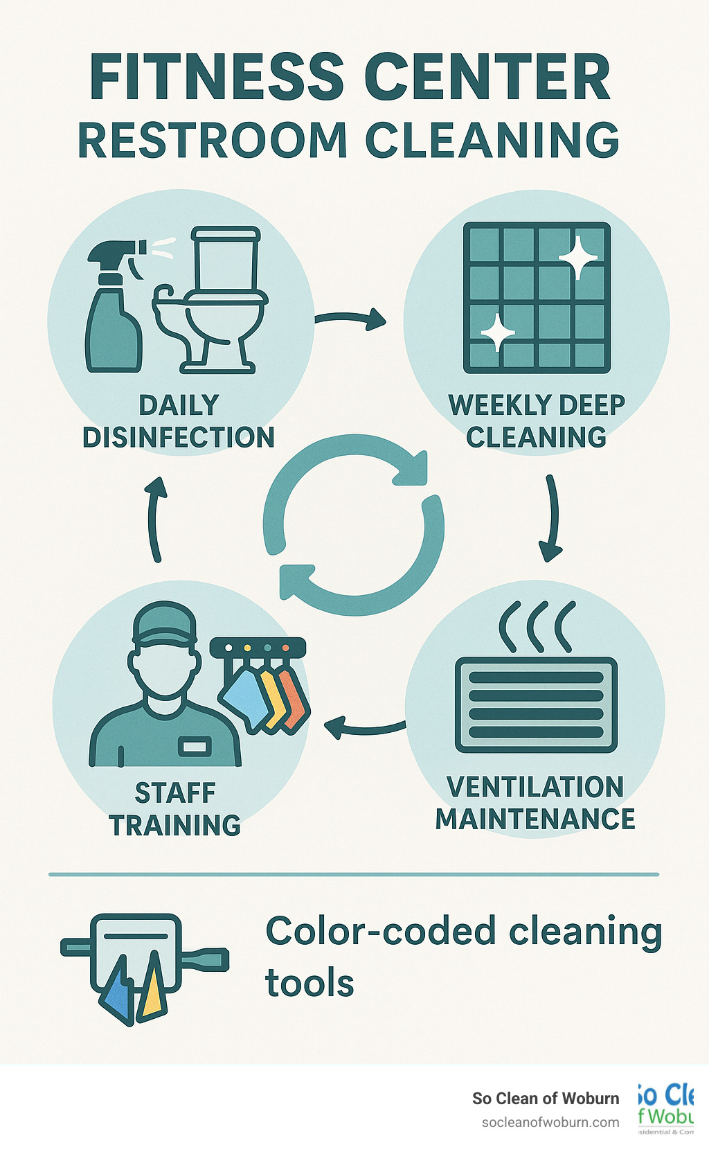 Comprehensive fitness center restroom cleaning cycle showing daily disinfection of toilets and sinks, weekly deep cleaning of grout and tiles, proper ventilation maintenance, and staff training protocols with color-coded cleaning tools - Fitness Center Restroom Cleaning infographic 