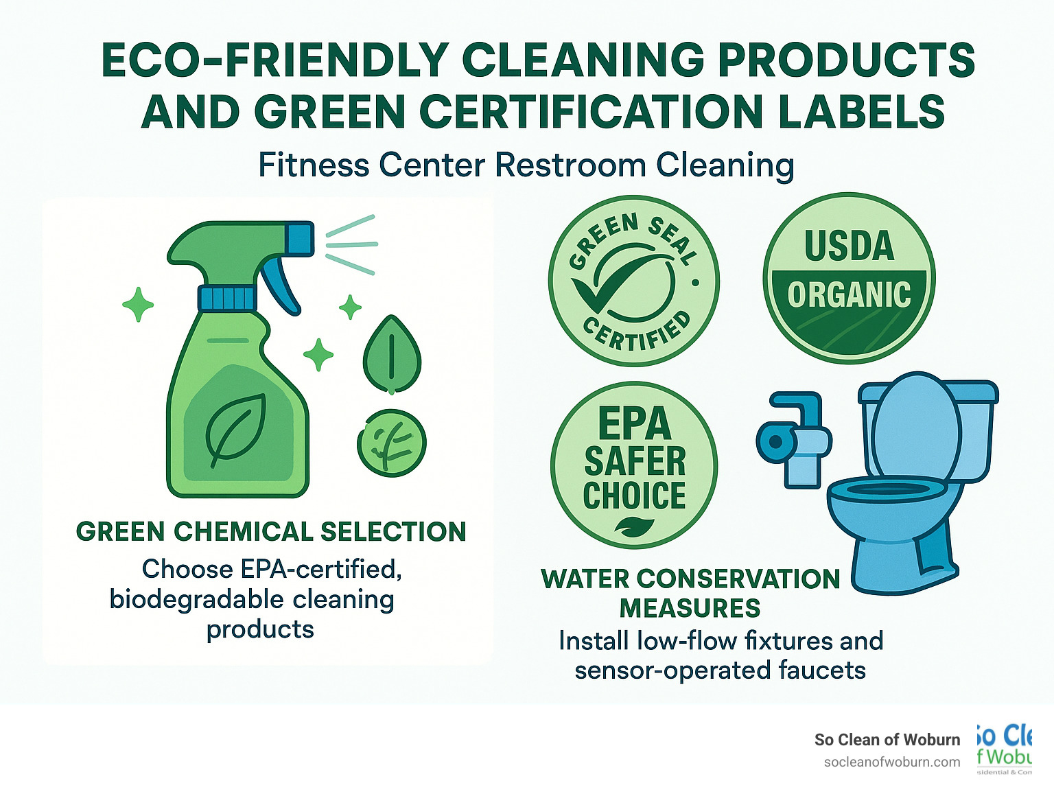 eco-friendly cleaning products and green certification labels - Fitness Center Restroom Cleaning infographic 