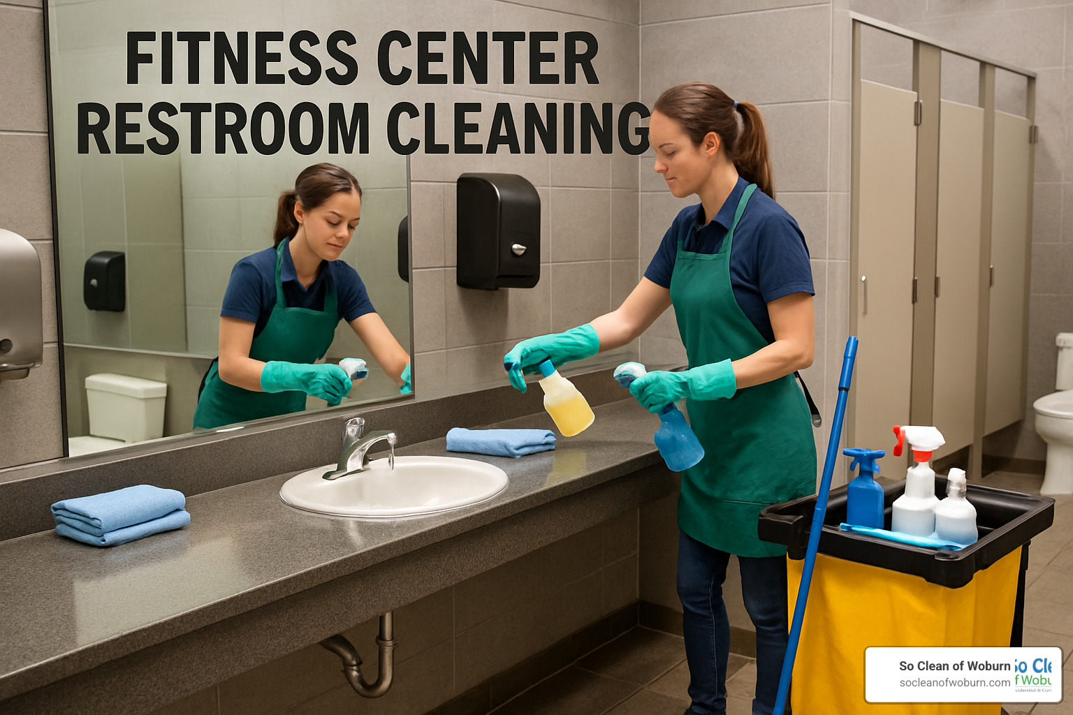 cleaning supplies cart with disinfectants and microfiber tools - Fitness Center Restroom Cleaning